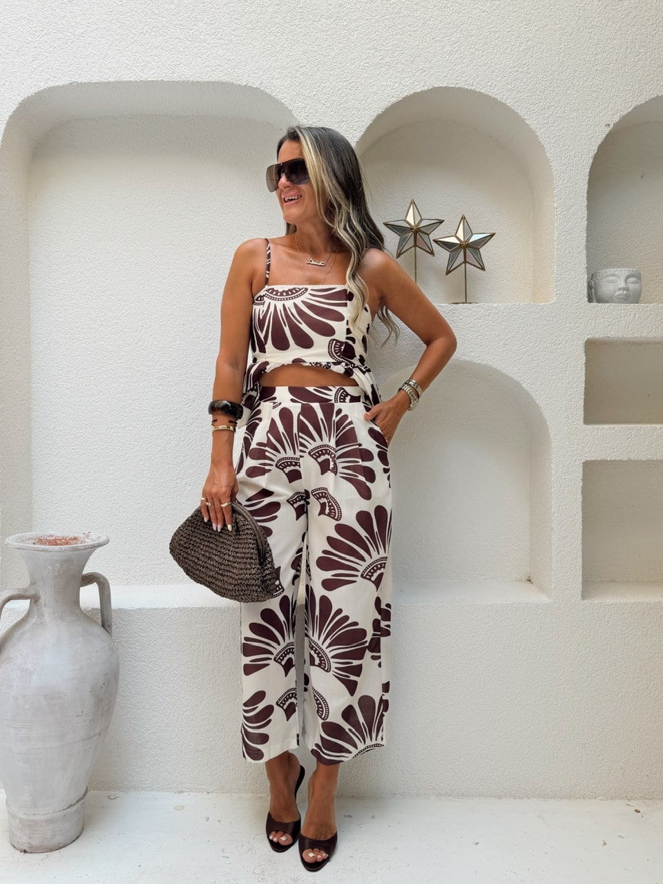 Nişantaşı Butik BLUZ PANTOLON KAHVE DESENLİ TAKIM