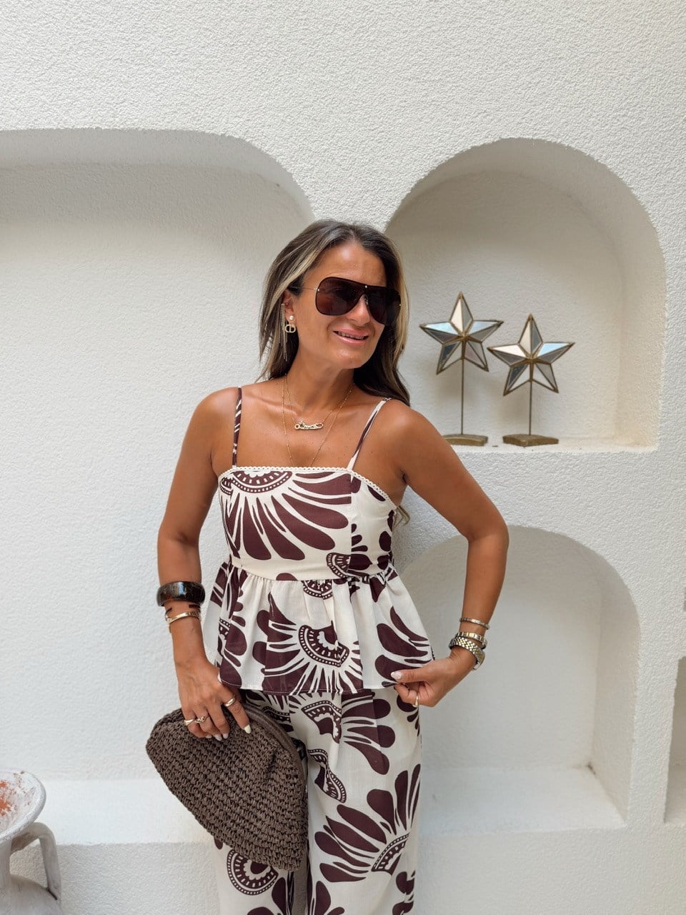 Nişantaşı Butik BLUZ PANTOLON KAHVE DESENLİ TAKIM