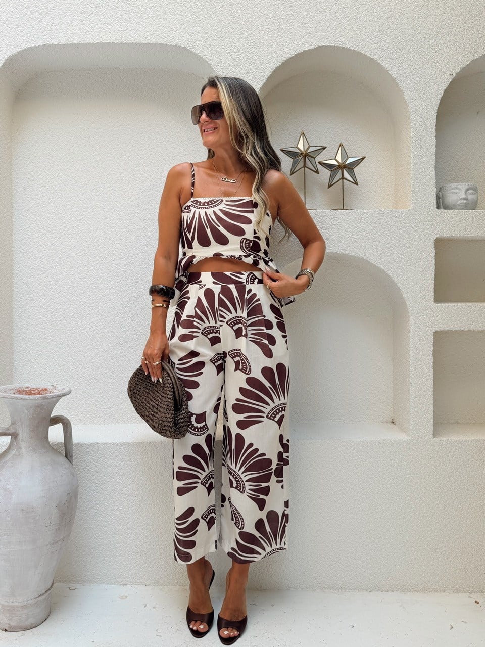 Nişantaşı Butik BLUZ PANTOLON KAHVE DESENLİ TAKIM