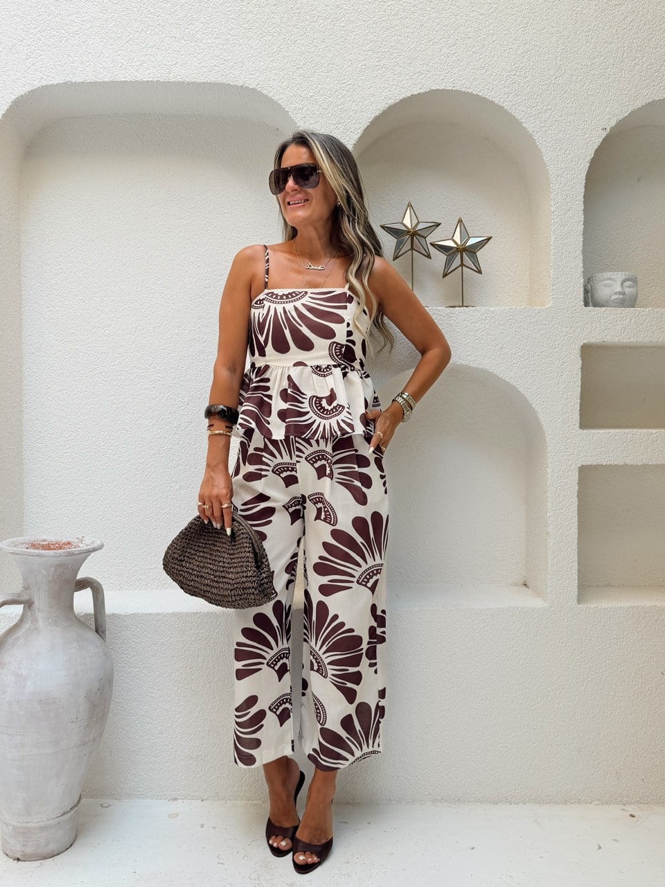 Nişantaşı Butik BLUZ PANTOLON KAHVE DESENLİ TAKIM