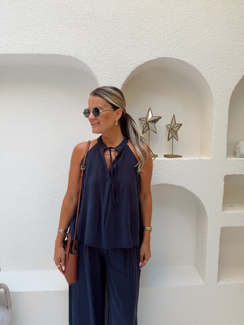 Nişantaşı Butik BLUZ PANTOLON TİRİL TENSEL TAKIM LACİVERT