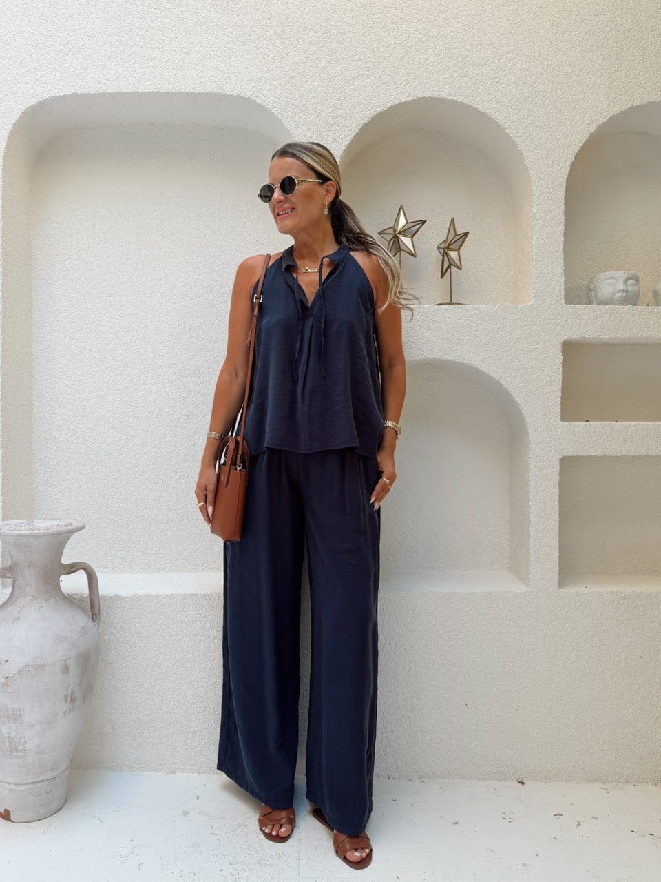 Nişantaşı Butik BLUZ PANTOLON TİRİL TENSEL TAKIM LACİVERT