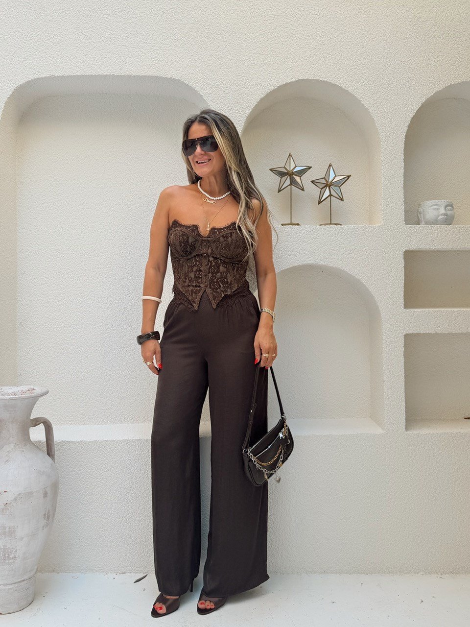 Nişantaşı Butik BOL PAÇA DÖKÜM TİRİL PANTOLON KAHVERENGİ