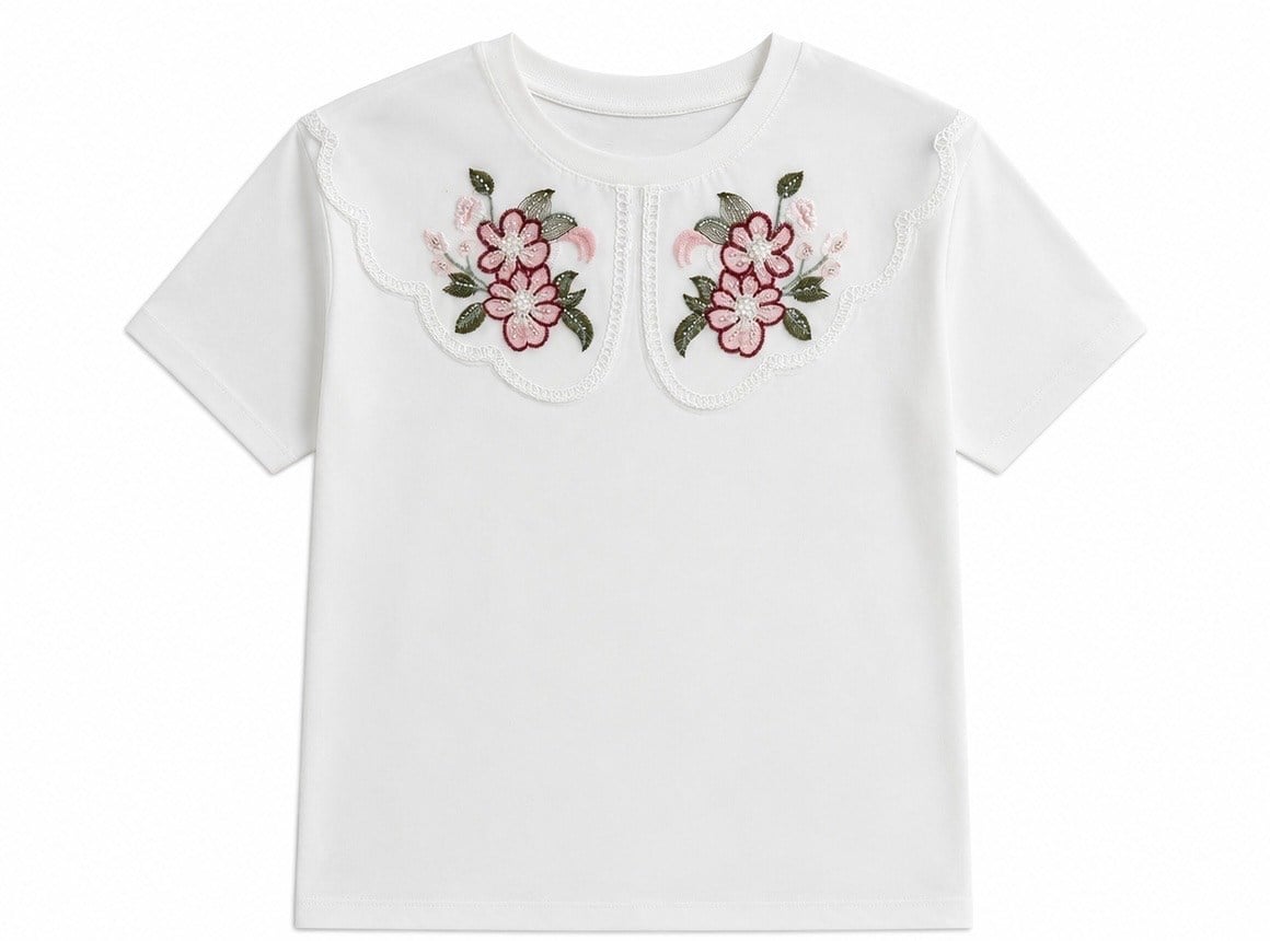 Nişantaşı Butik BONCUK VE NAKIŞLI YAKA DETAY TSHİRT