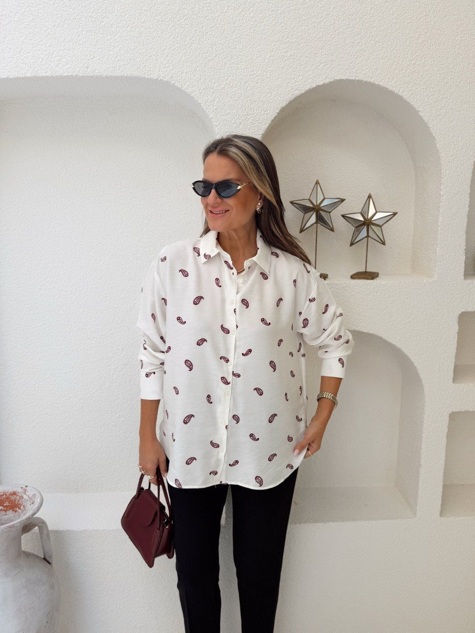 Nişantaşı Butik BORDO DESENLİ TİRİL GÖMLEK