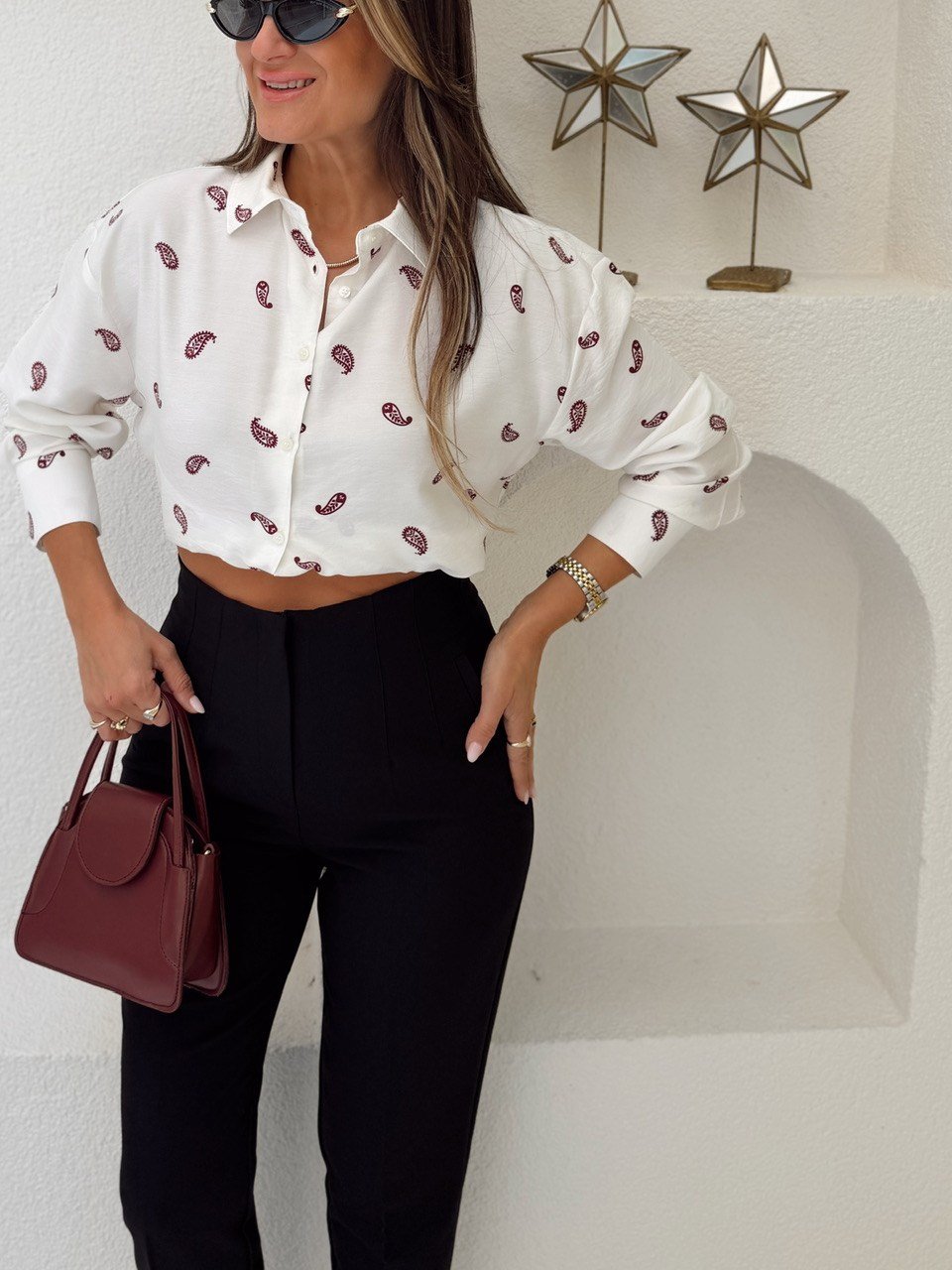 Nişantaşı Butik BORDO DESENLİ TİRİL GÖMLEK