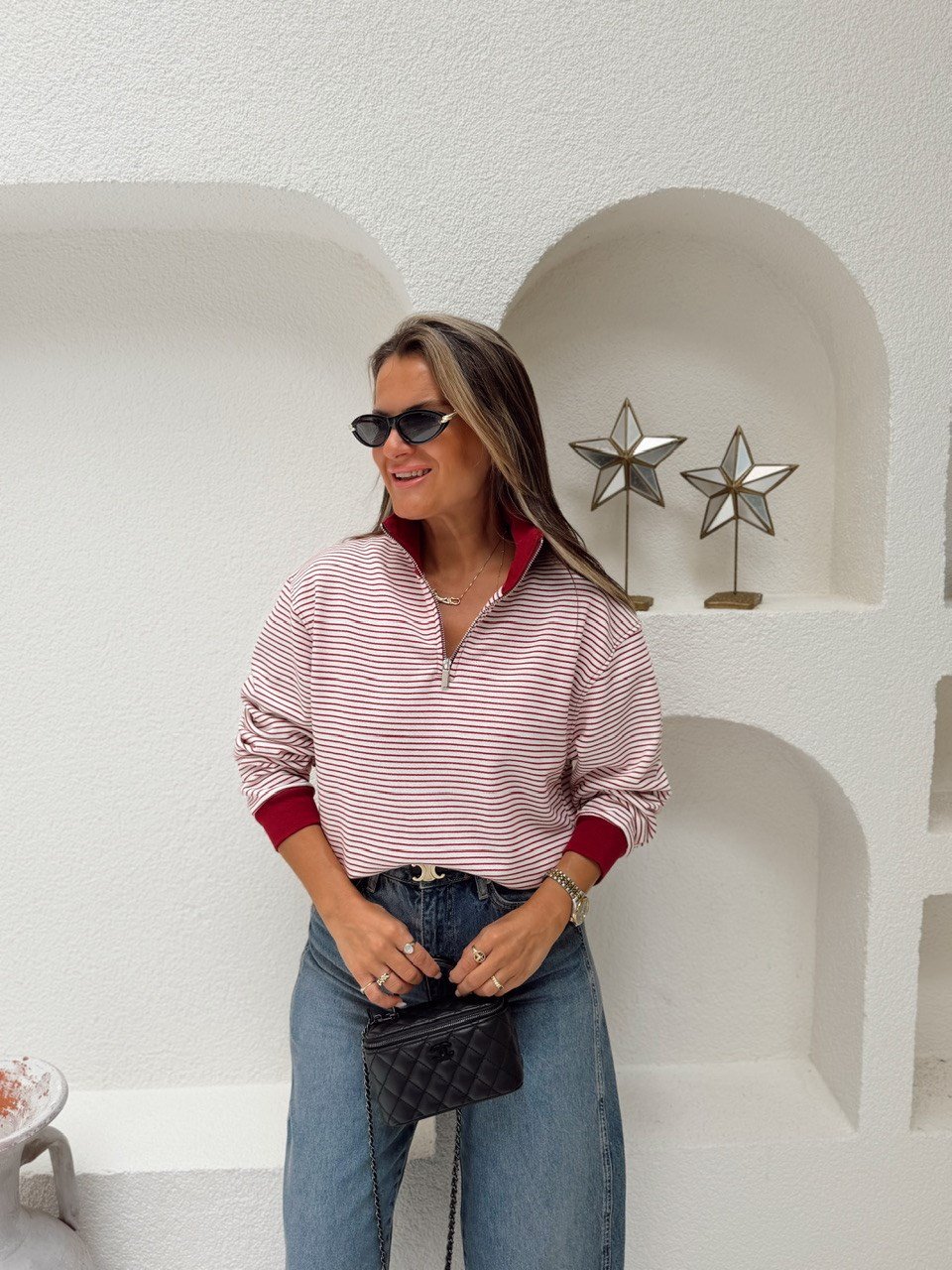 Nişantaşı Butik BORDO DİK YAKA ÇİZGİLİ SWEAT BLUZ 