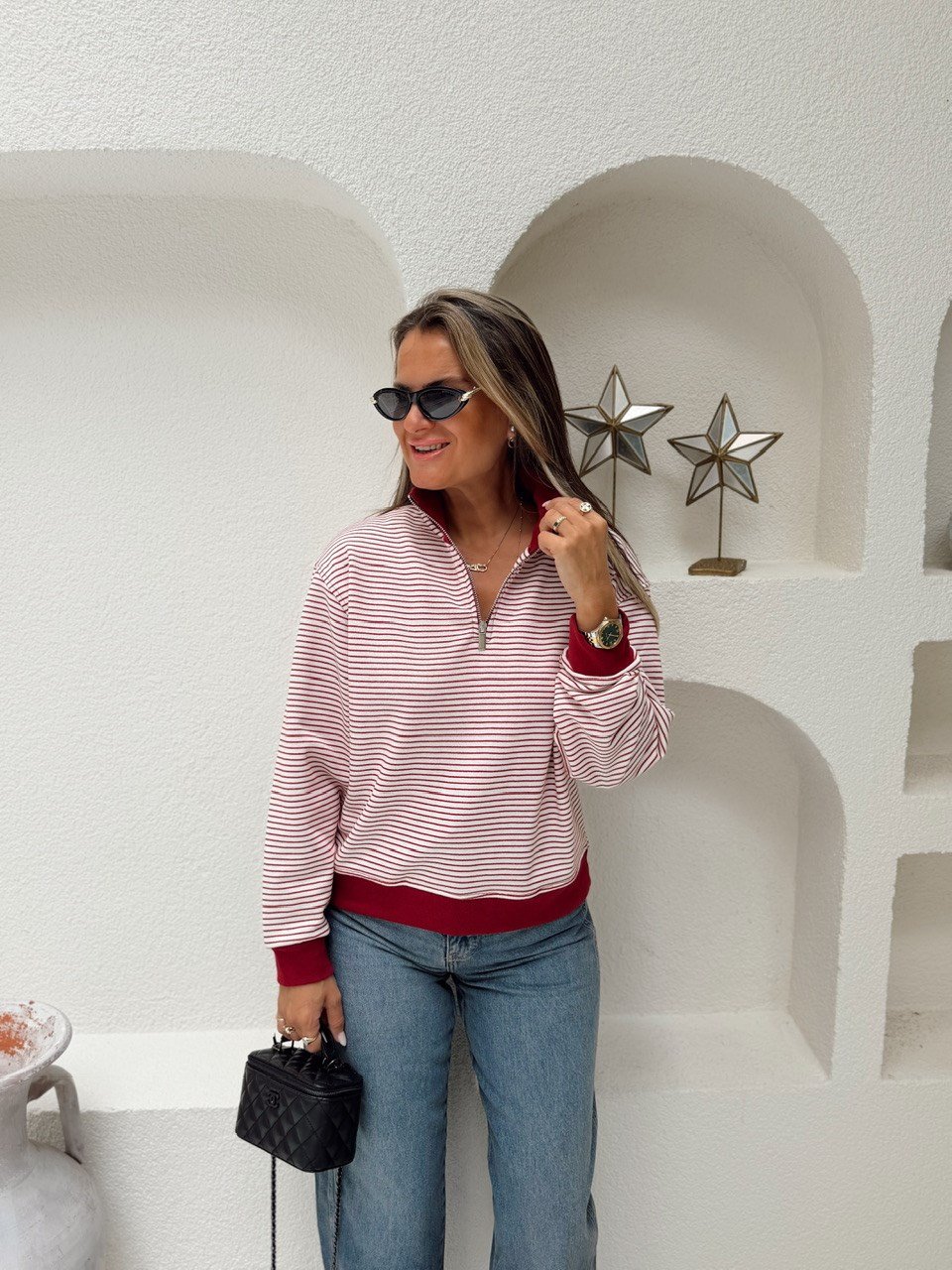 Nişantaşı Butik BORDO DİK YAKA ÇİZGİLİ SWEAT BLUZ 
