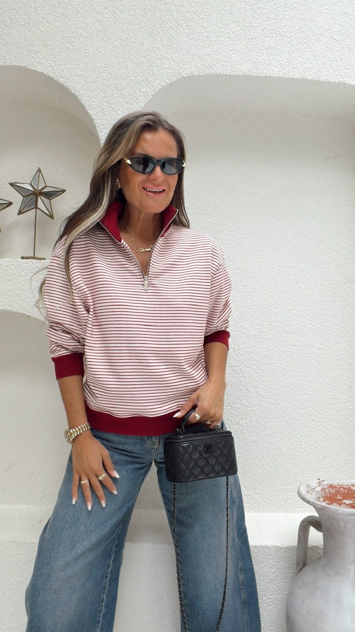 Nişantaşı Butik BORDO DİK YAKA ÇİZGİLİ SWEAT BLUZ 