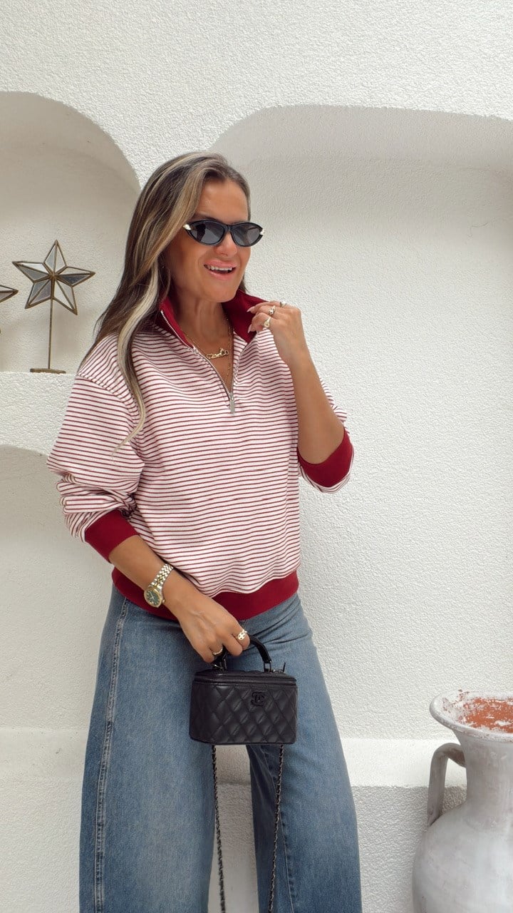 Nişantaşı Butik BORDO DİK YAKA ÇİZGİLİ SWEAT BLUZ 