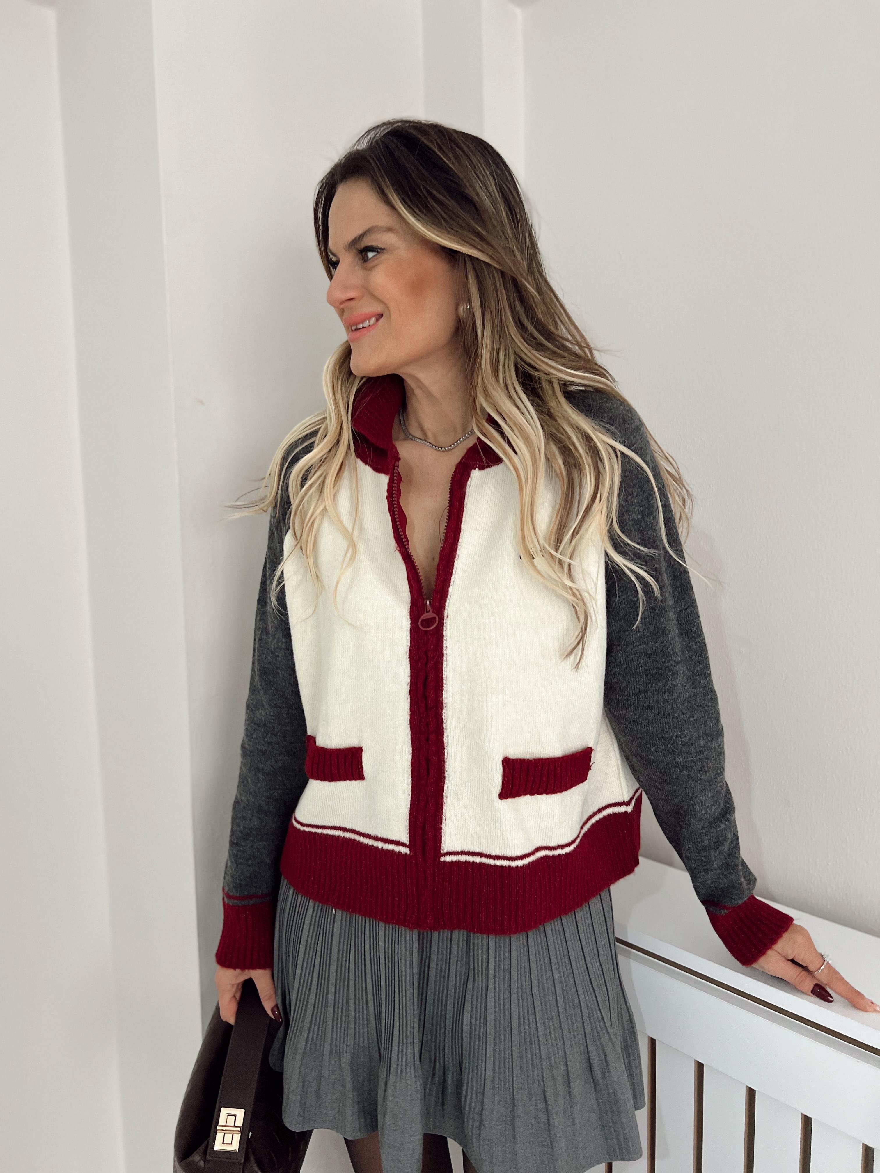 Nişantaşı Butik BORDO GRİ BLOK RENKLİ FERMUARLI TRİKO CEKET 