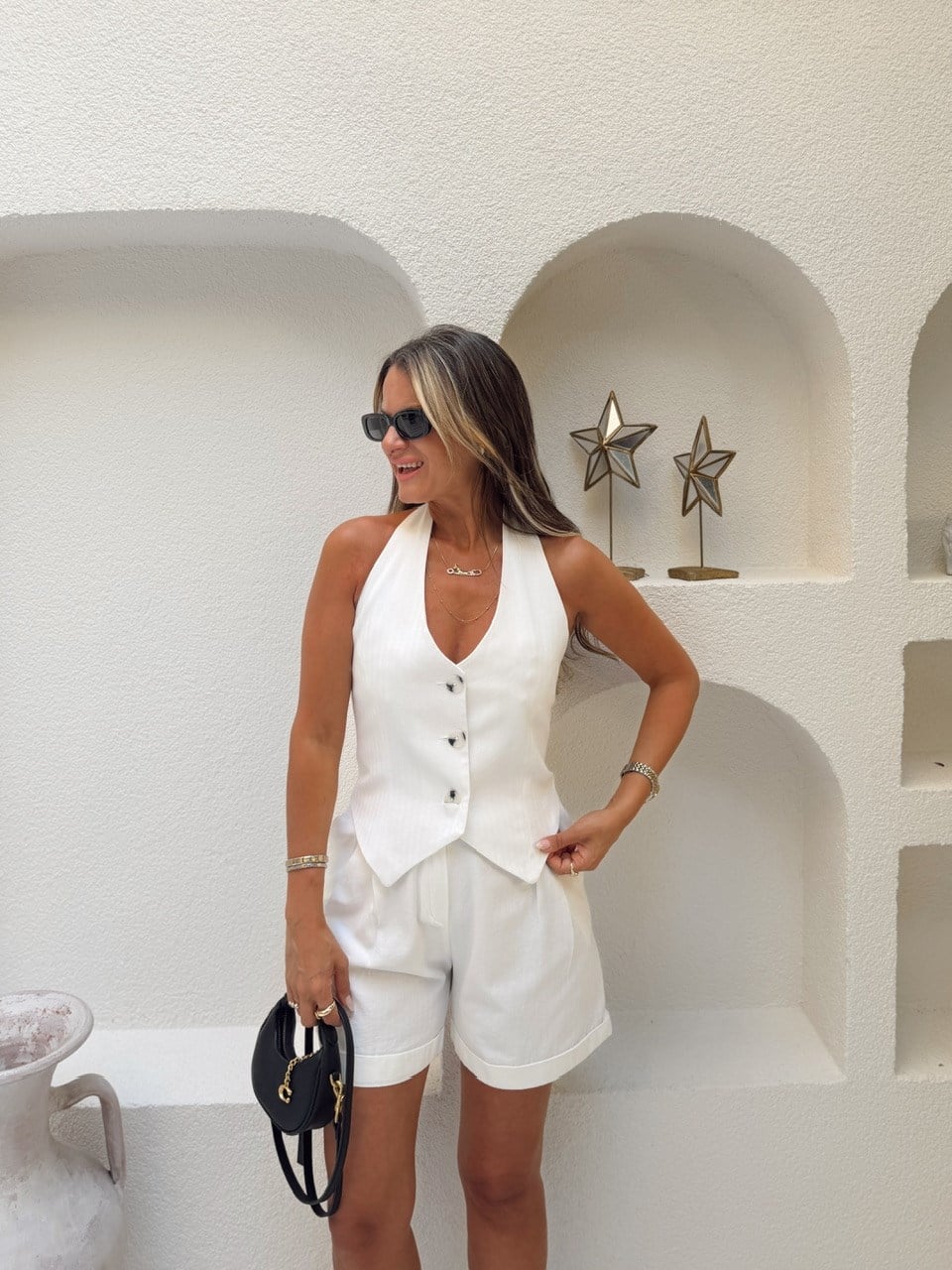 Nişantaşı Butik BOYUN DETAY YELEK VE ŞORT KETEN TAKIM