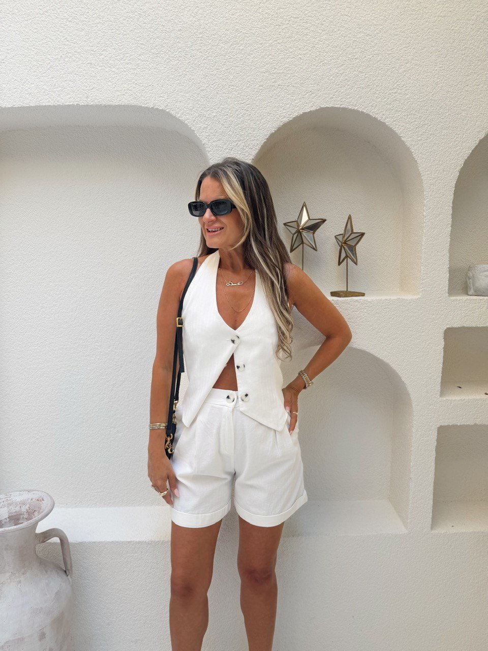 Nişantaşı Butik BOYUN DETAY YELEK VE ŞORT KETEN TAKIM