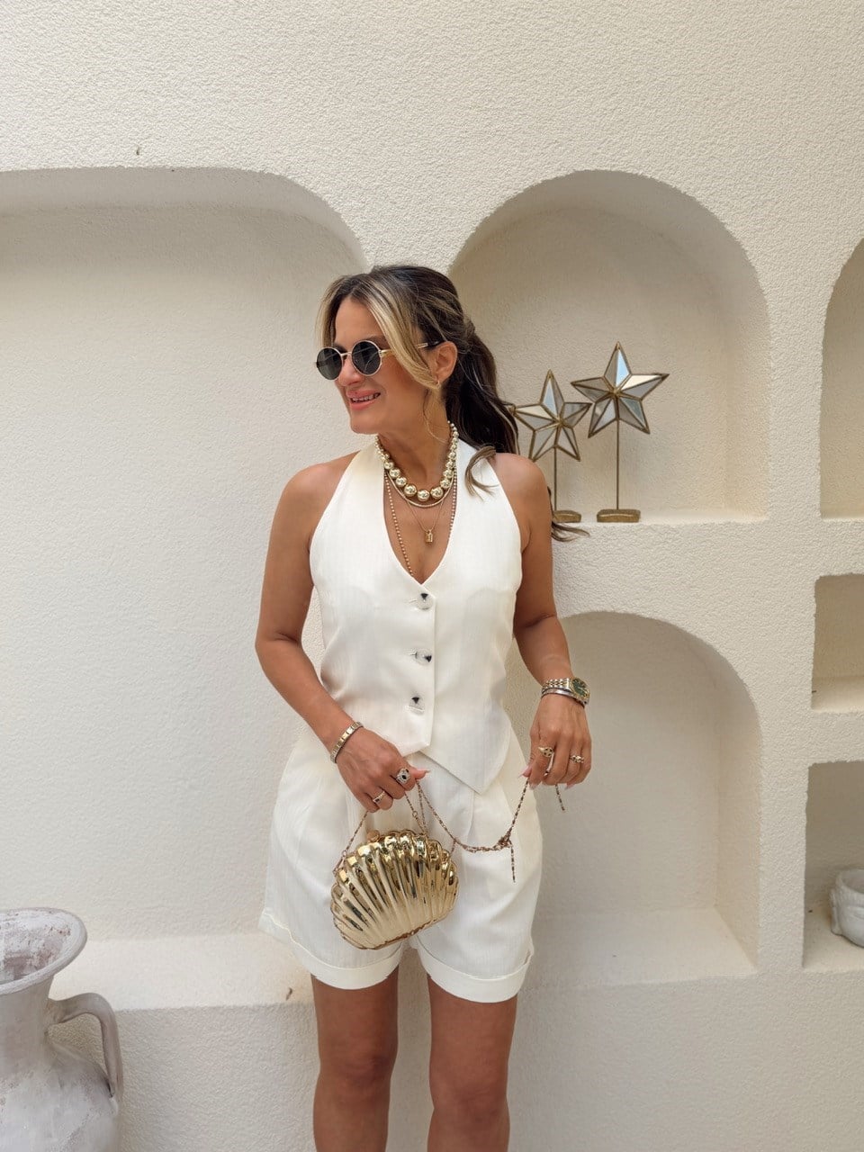Nişantaşı Butik BOYUN DETAY YELEK VE ŞORT KETEN TAKIM