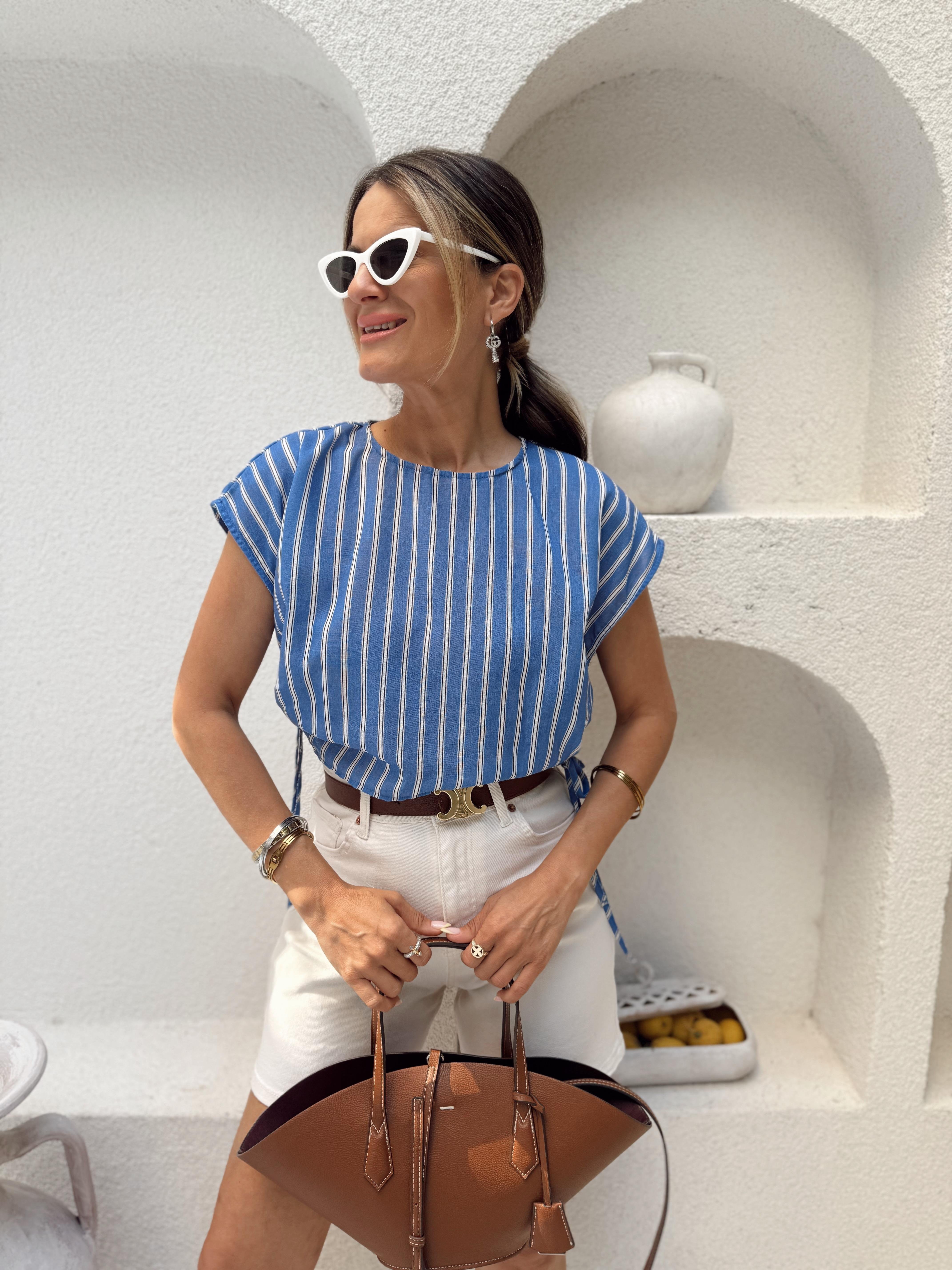 Nişantaşı Butik BÜZGÜ DETAY BEYAZ ÇİZGİLİ KETEN BLUZ