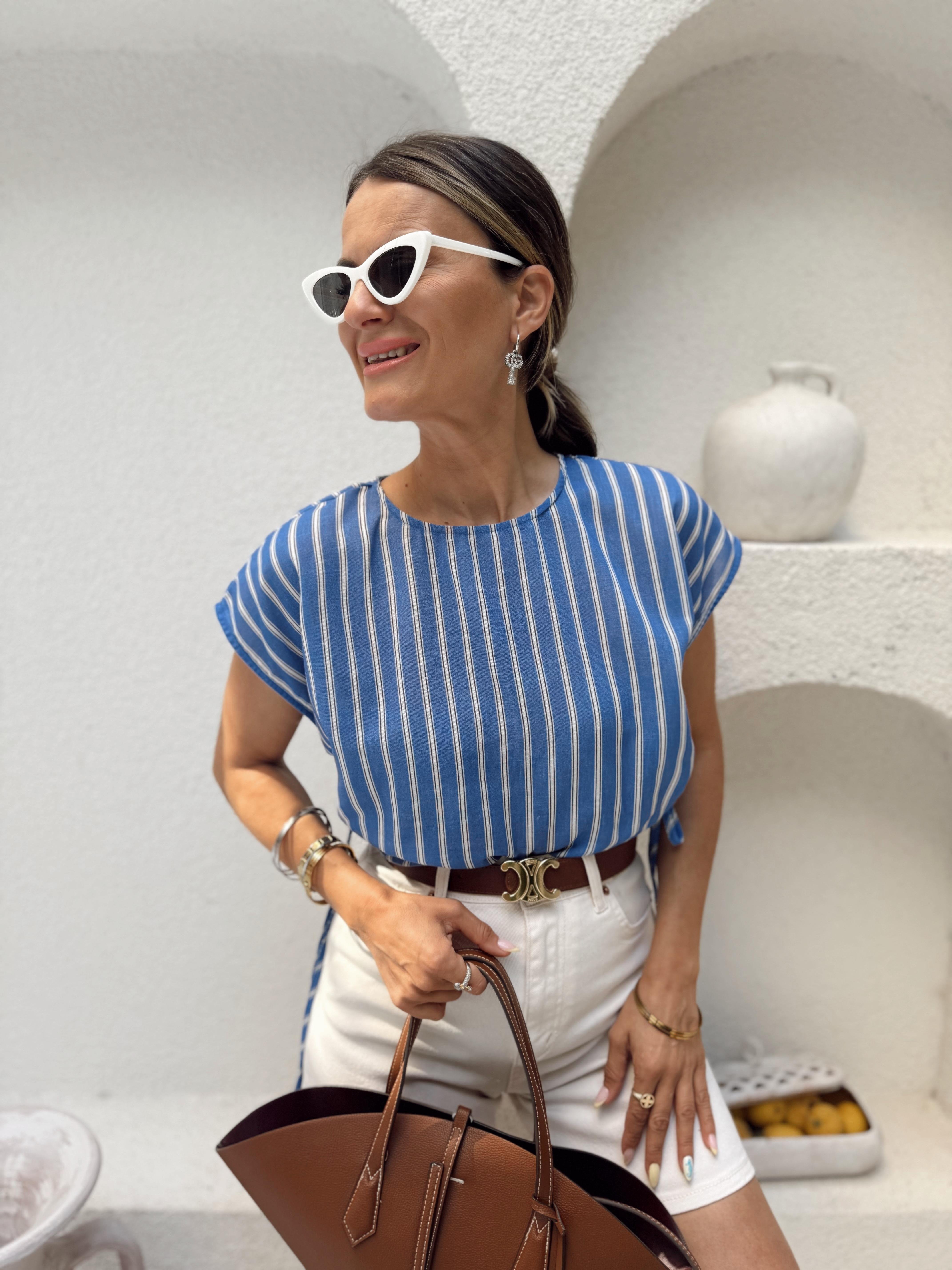 Nişantaşı Butik BÜZGÜ DETAY BEYAZ ÇİZGİLİ KETEN BLUZ