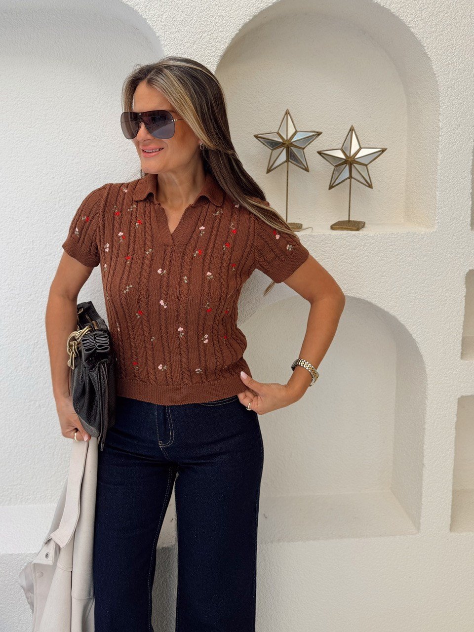 Nişantaşı Butik ÇİÇEK NAKIŞ İŞLEME YAKALI TRİKO BLUZ