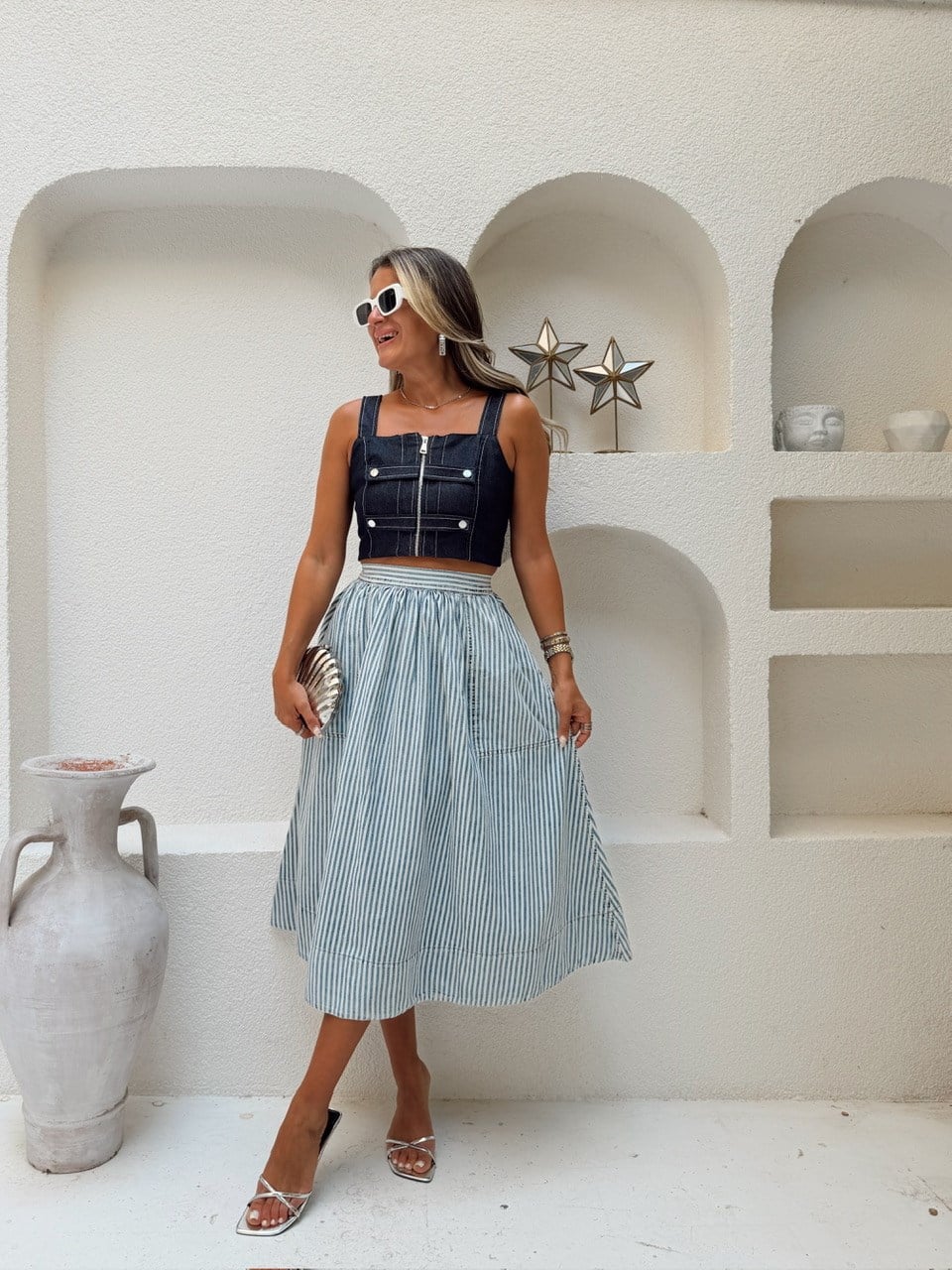 Nişantaşı Butik ÇİZGİ DESEN YIKAMALI MAVİ KLOŞ ETEK