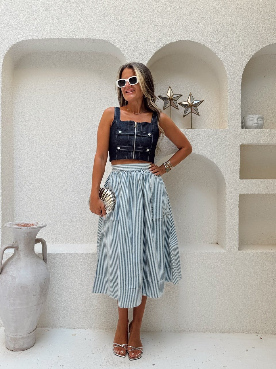 Nişantaşı Butik ÇİZGİ DESEN YIKAMALI MAVİ KLOŞ ETEK