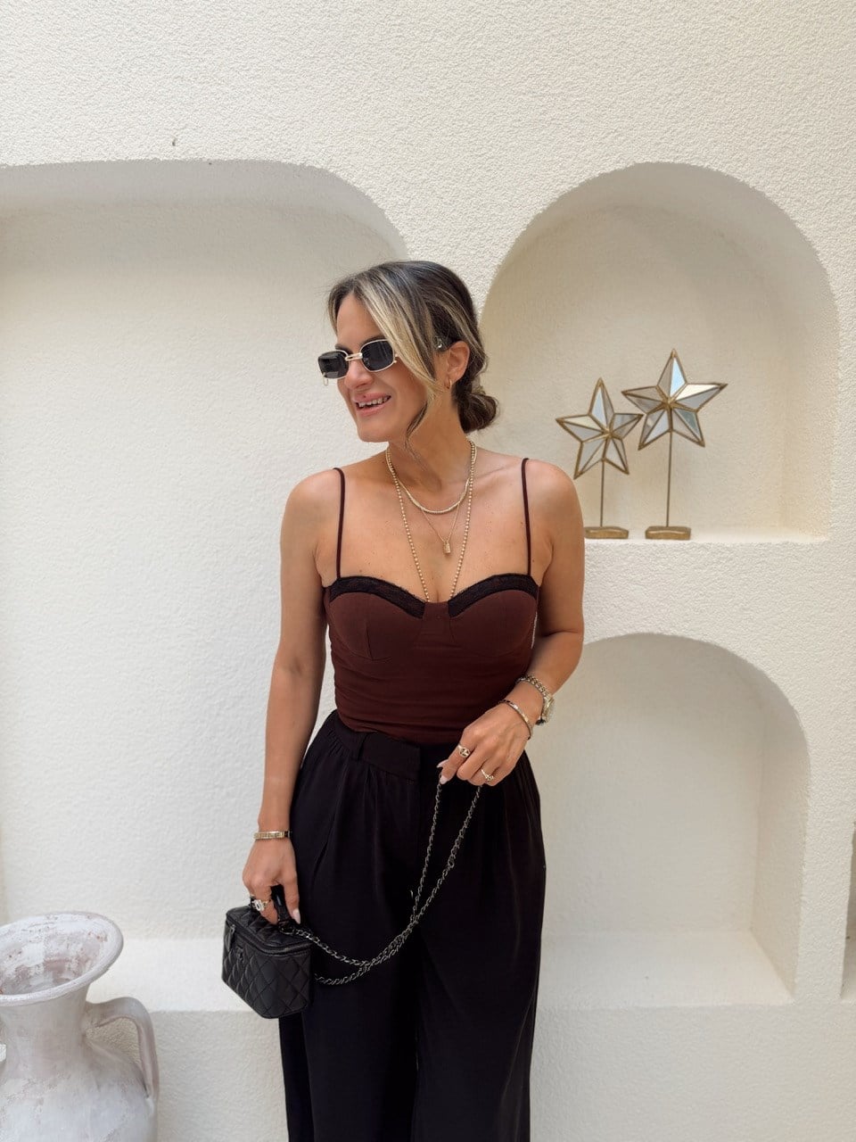 Nişantaşı Butik DANTEL DETAY KUPLU BUSTİYER BLUZ KAHVE