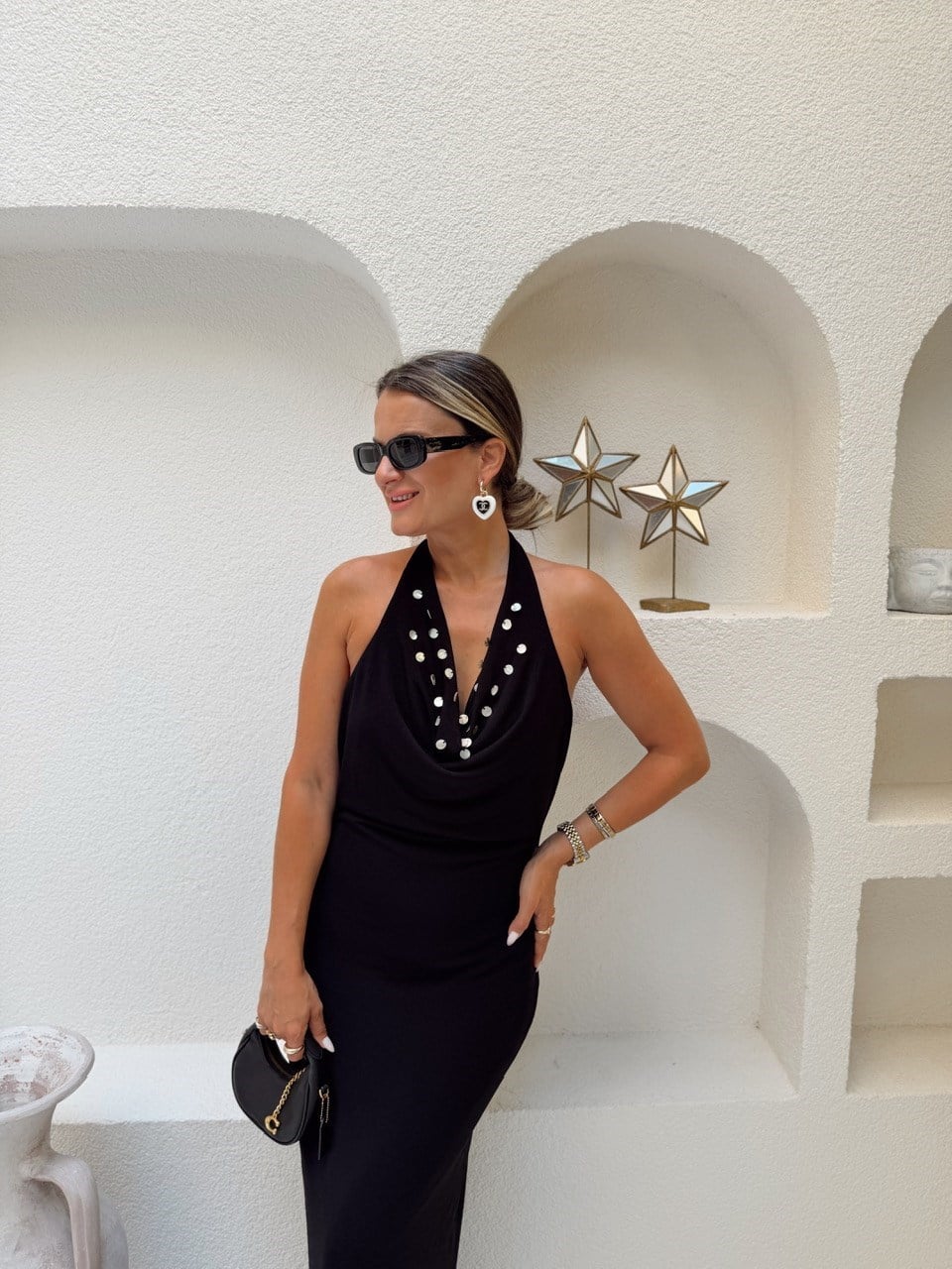 Nişantaşı Butik DEGAJE YAKA SIRT DETAY SEDEF PULLU MAXİ ELBİSE