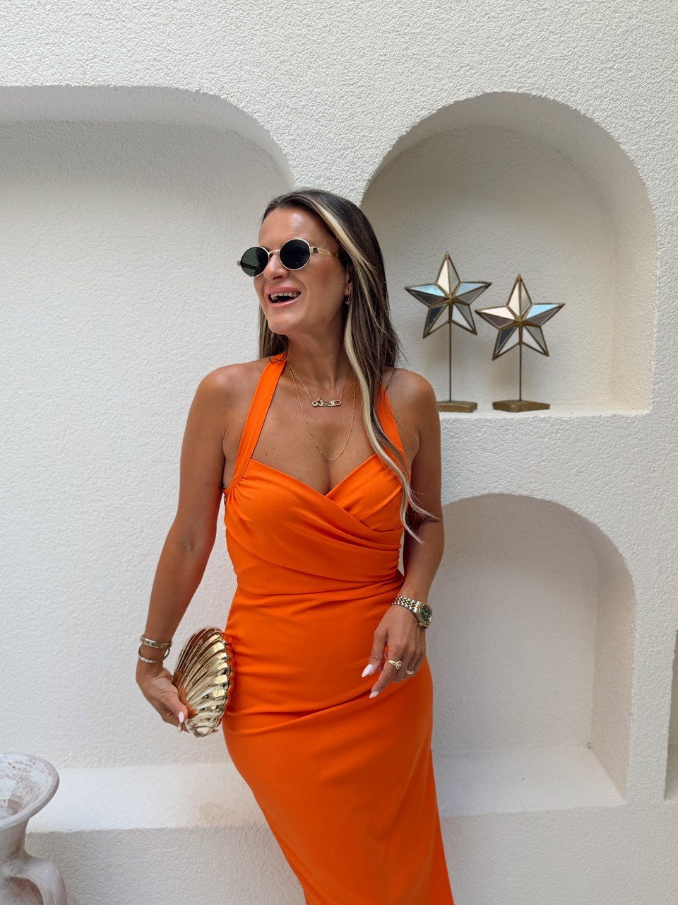 Nişantaşı Butik DRAPE DETAY TURUNÇ YIRTMAÇLI ELBİSE
