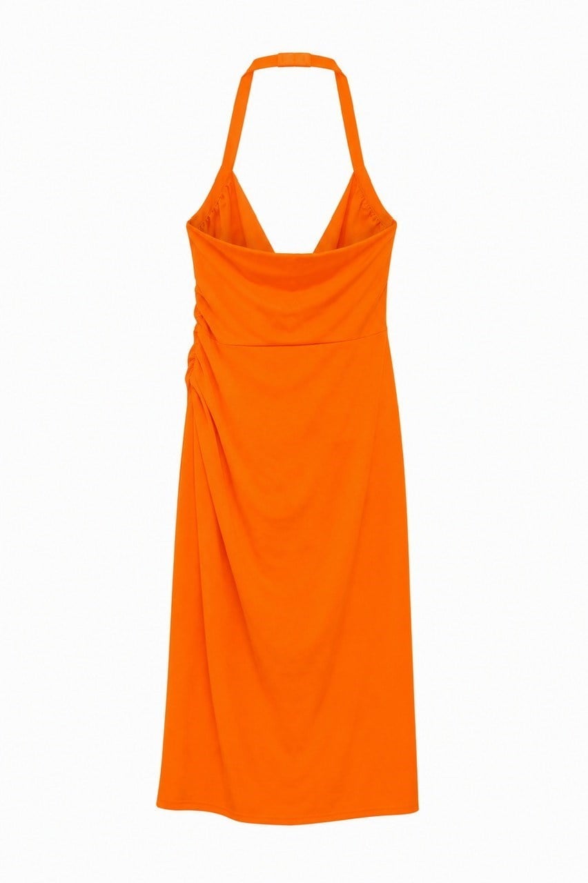 Nişantaşı Butik DRAPE DETAY TURUNÇ YIRTMAÇLI ELBİSE