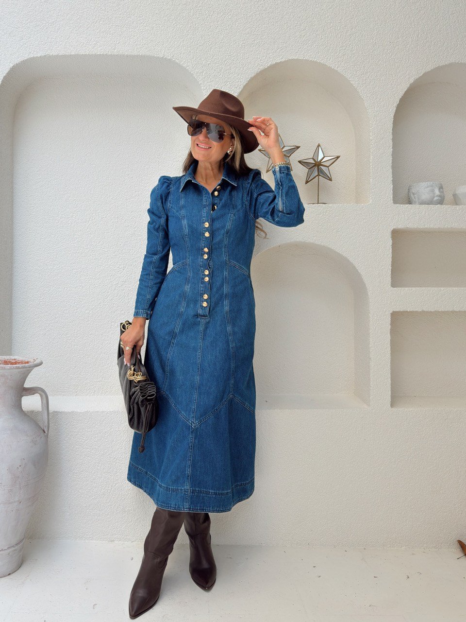 Nişantaşı Butik DÜĞME VE PENS DETAY JEAN MİDİ ELBİSE