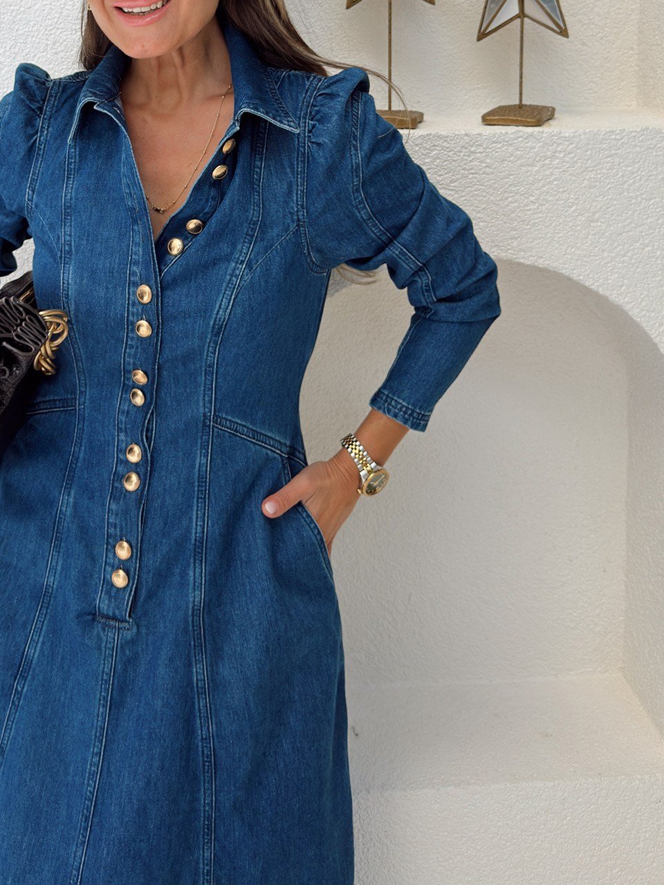 Nişantaşı Butik DÜĞME VE PENS DETAY JEAN MİDİ ELBİSE