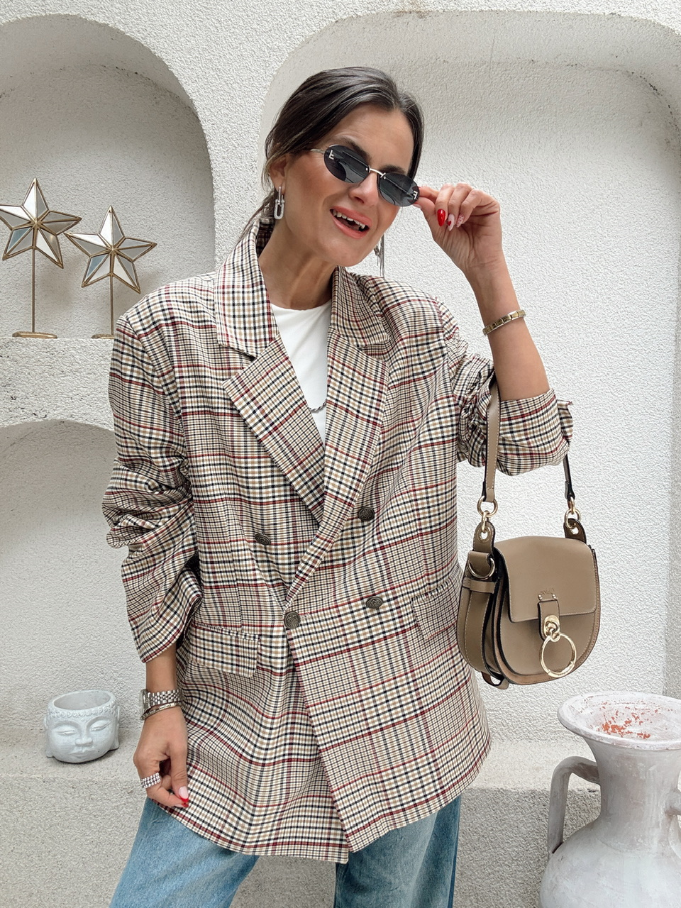 Nişantaşı Butik EKOSE DESEN DÜĞME DETAY OVERSİZE BLAZER 
