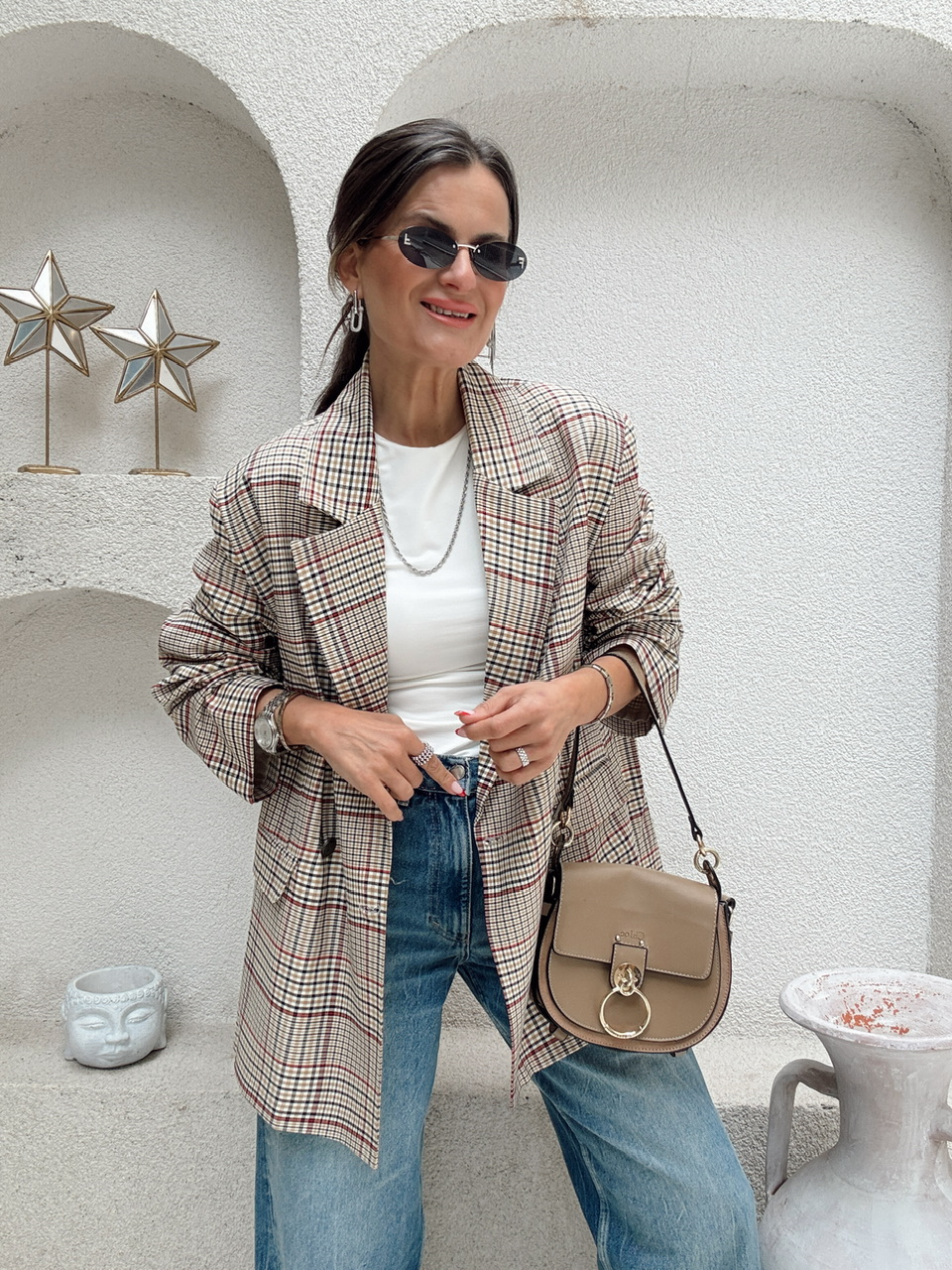 Nişantaşı Butik EKOSE DESEN DÜĞME DETAY OVERSİZE BLAZER 
