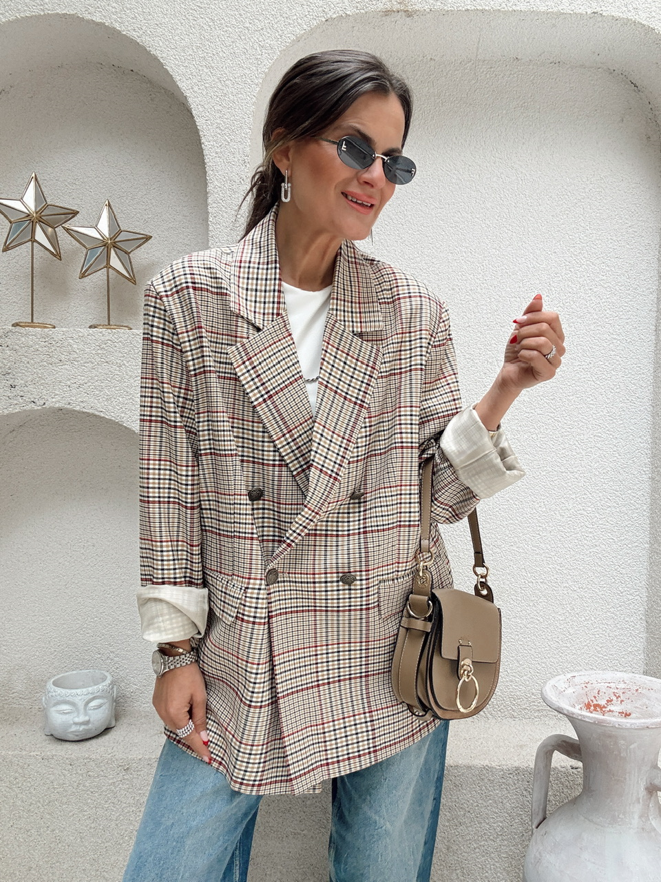 Nişantaşı Butik EKOSE DESEN DÜĞME DETAY OVERSİZE BLAZER 