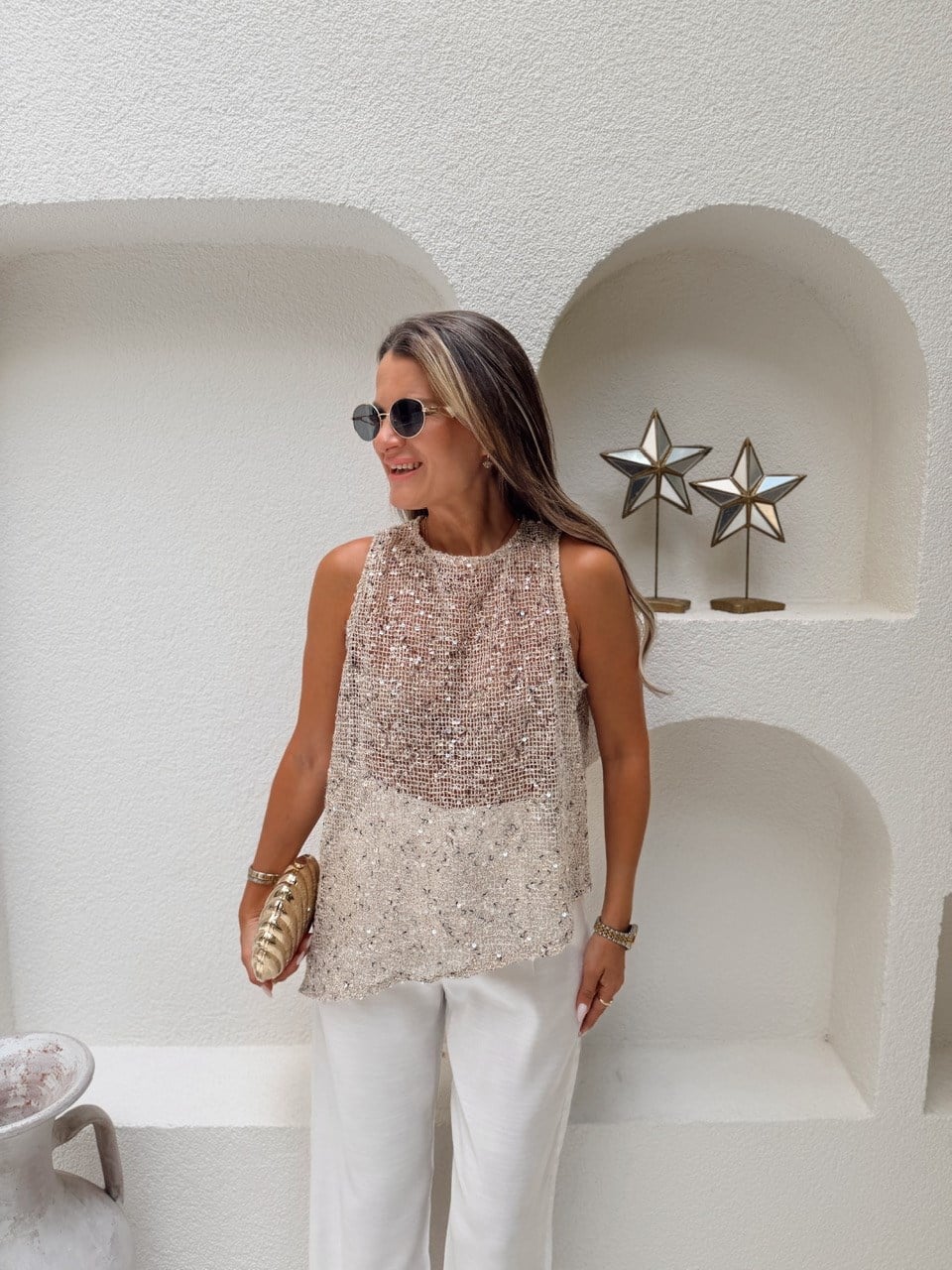 Nişantaşı Butik FİLE PUL ASİMETRİK BLUZ VİZON