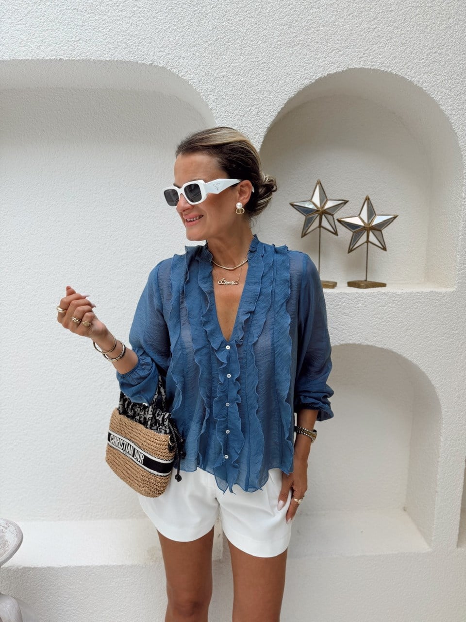 Nişantaşı Butik FIRFIR DETAY SEDEF DÜĞME TRANSPARAN GÖMLEK BLUZ İNDİGO