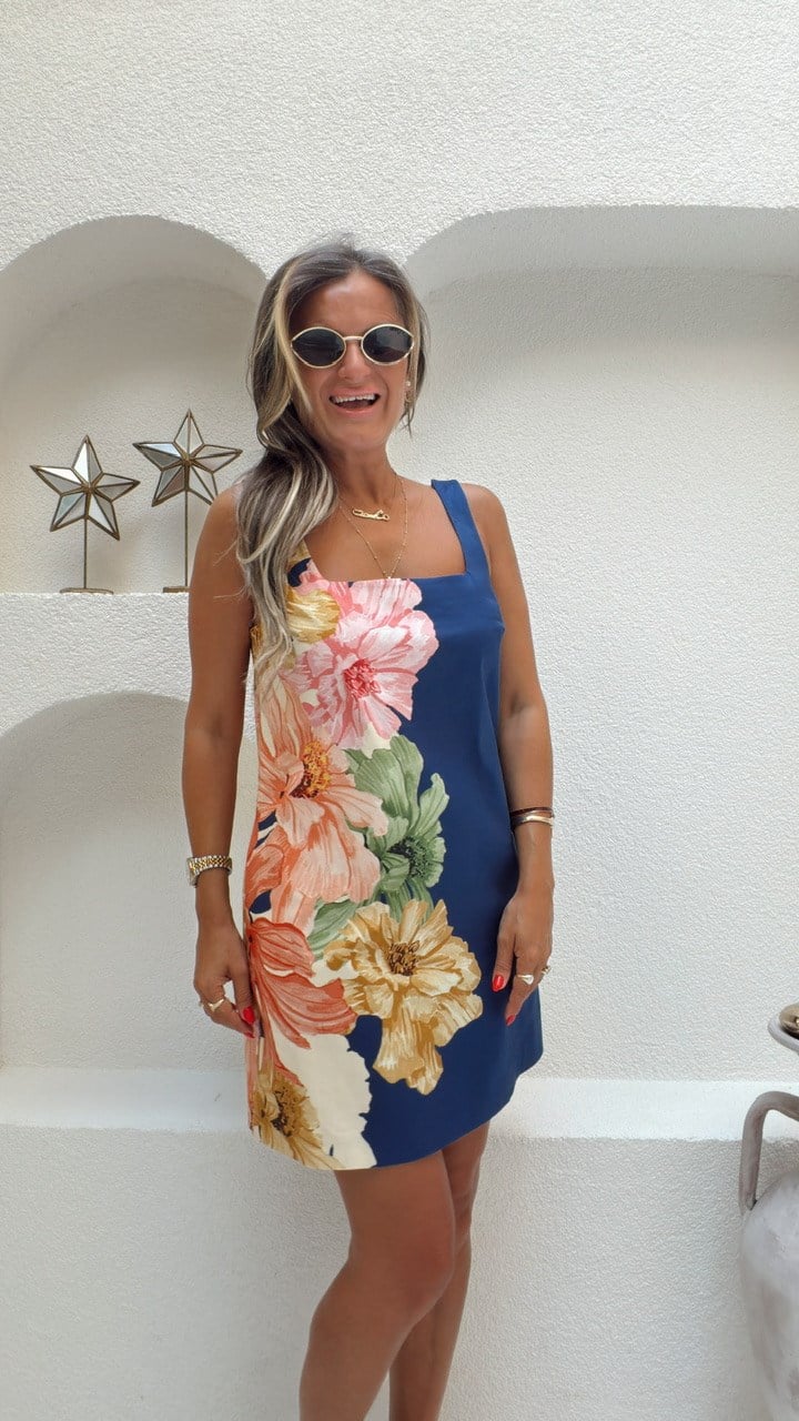Nişantaşı Butik FLORAL DESEN COTTON KARE YAKA ELBİSE