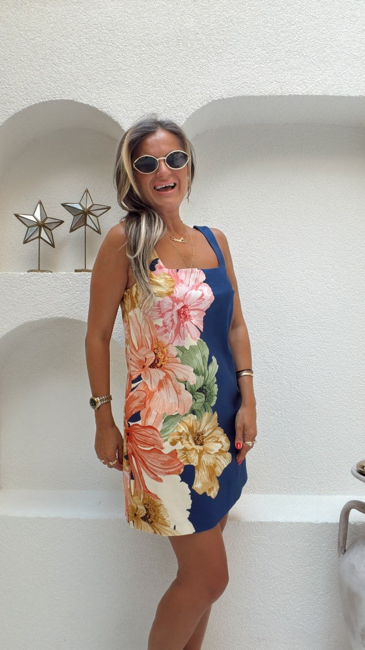 Nişantaşı Butik FLORAL DESEN COTTON KARE YAKA ELBİSE