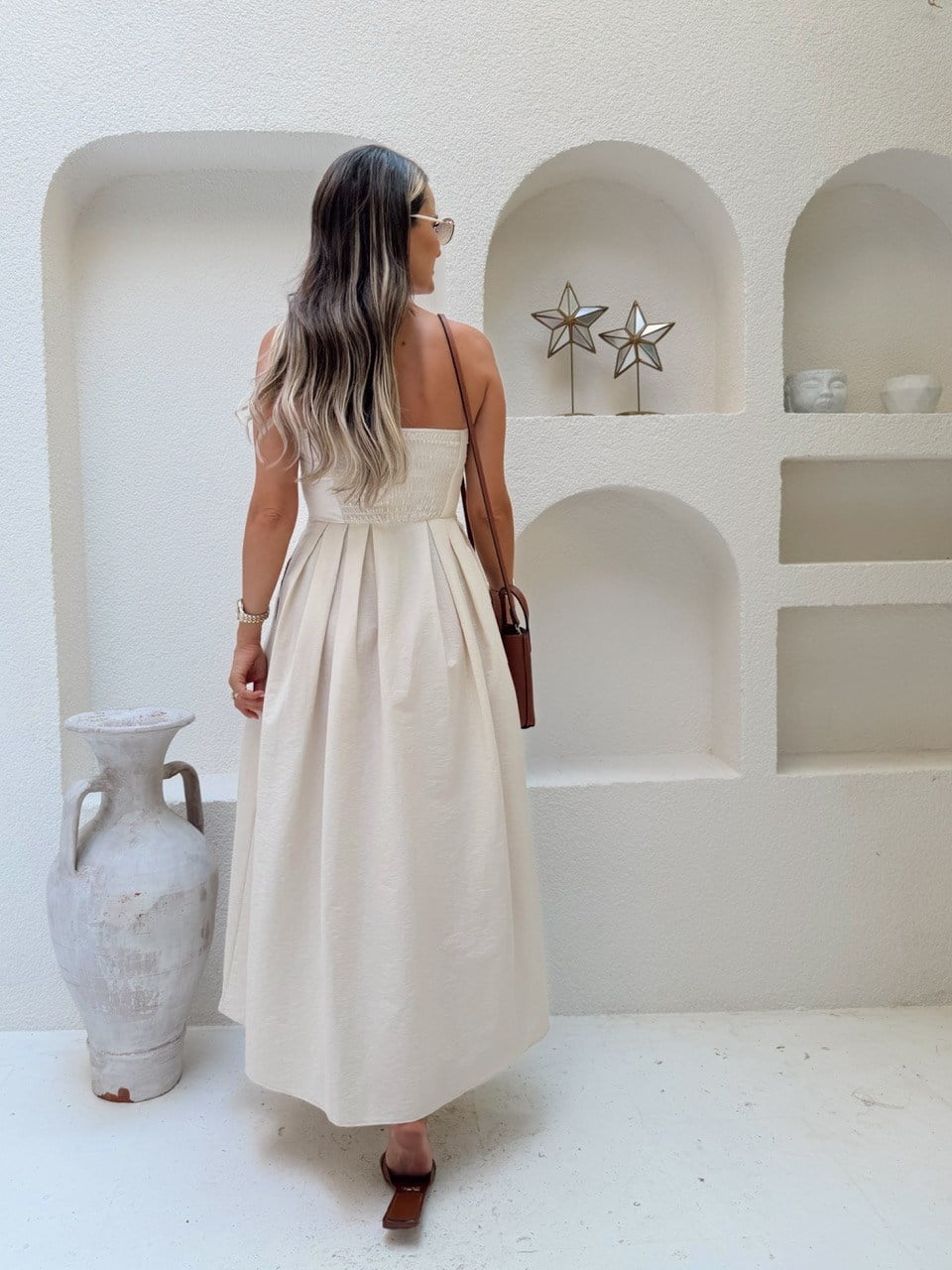 Nişantaşı Butik FLOŞ KETEN STRAPLEZ BEJ ELBİSE