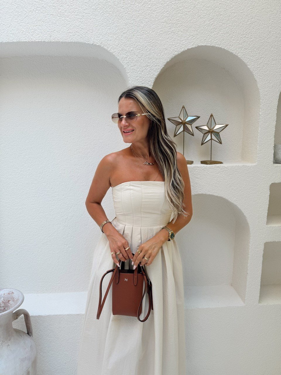Nişantaşı Butik FLOŞ KETEN STRAPLEZ BEJ ELBİSE