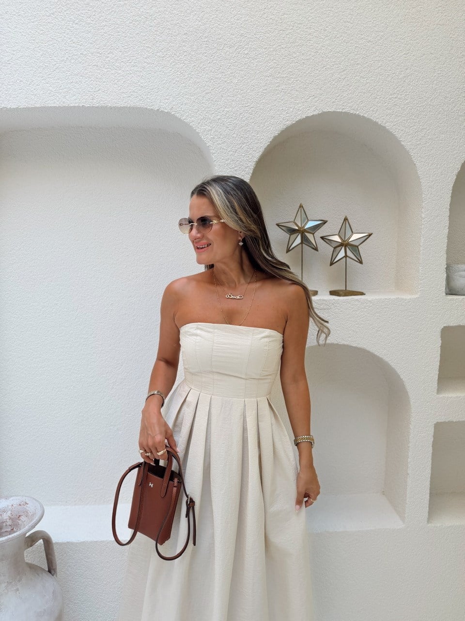 Nişantaşı Butik FLOŞ KETEN STRAPLEZ BEJ ELBİSE
