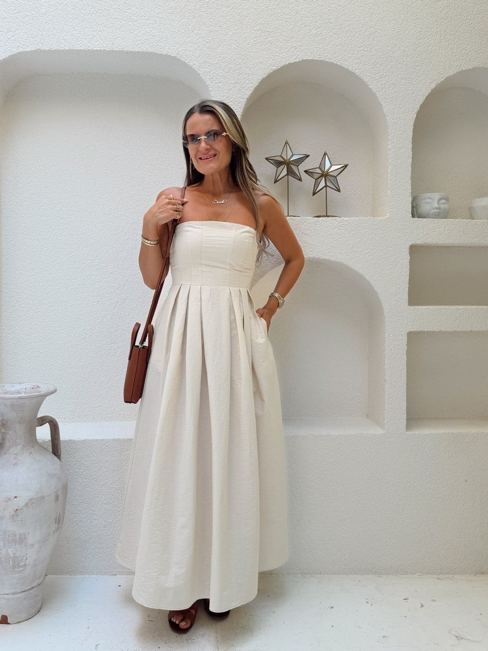 Nişantaşı Butik FLOŞ KETEN STRAPLEZ BEJ ELBİSE