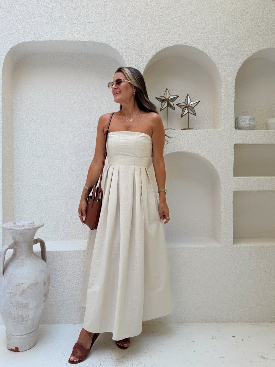 Nişantaşı Butik FLOŞ KETEN STRAPLEZ BEJ ELBİSE