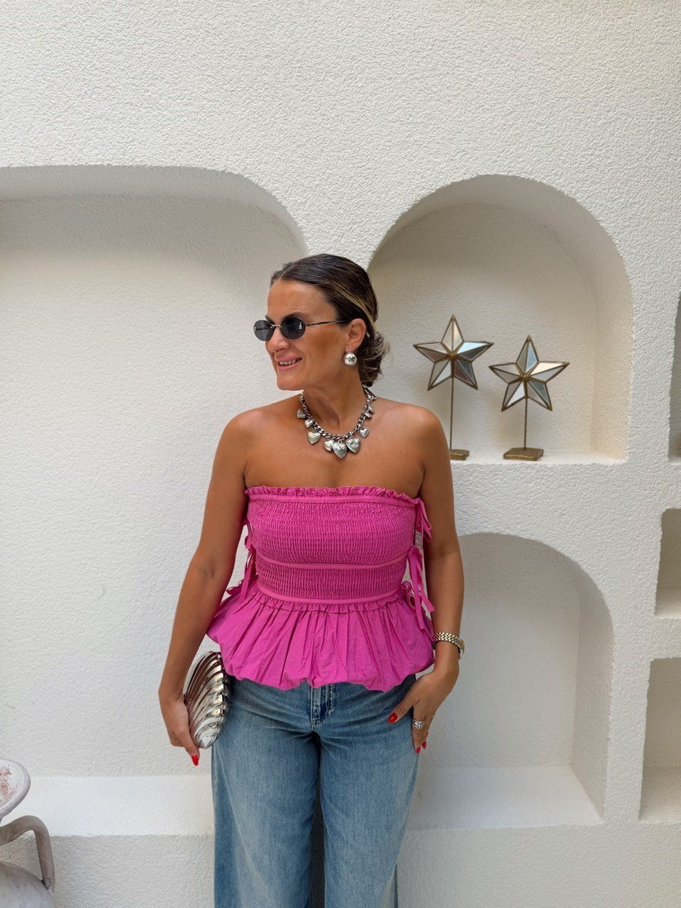 Nişantaşı Butik GİPELİ PEMBE STRAPLEZ BLUZ