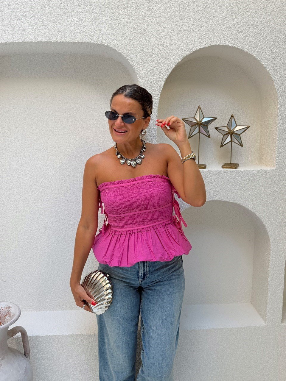 Nişantaşı Butik GİPELİ PEMBE STRAPLEZ BLUZ