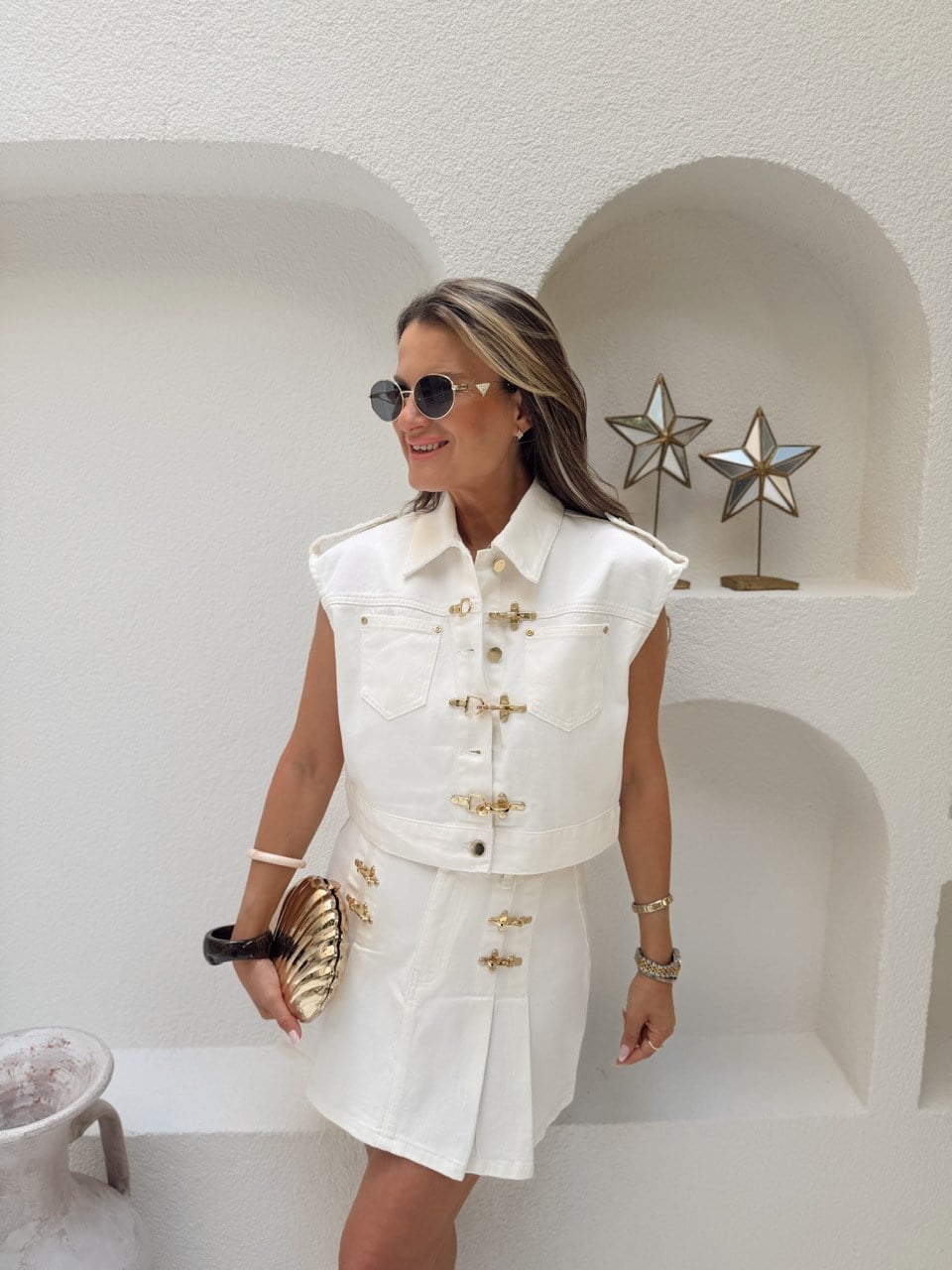 Nişantaşı Butik GOLD AKSESUAR KANCALI EKRU JEAN YELEK