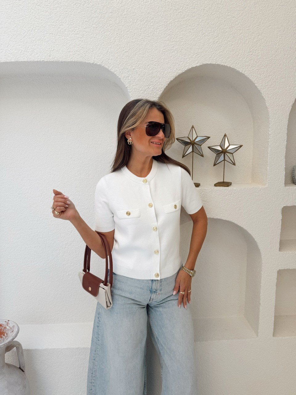 Nişantaşı Butik GOLD DÜĞME ÇELİK ÖRME TRİKO CEKET BEYAZ