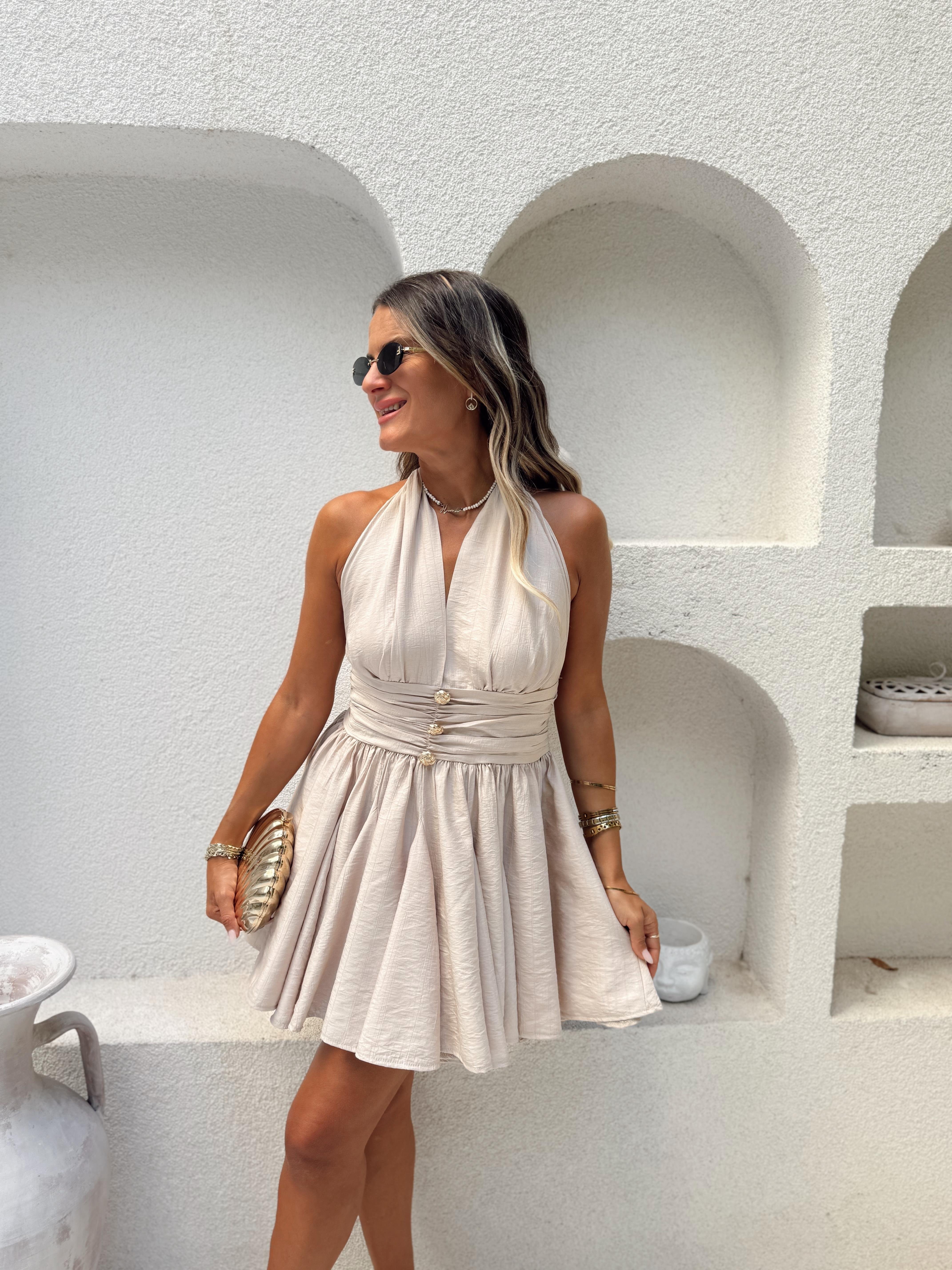 Nişantaşı Butik GOLD DÜĞME DETAY KLOS ELBİSE BEJ