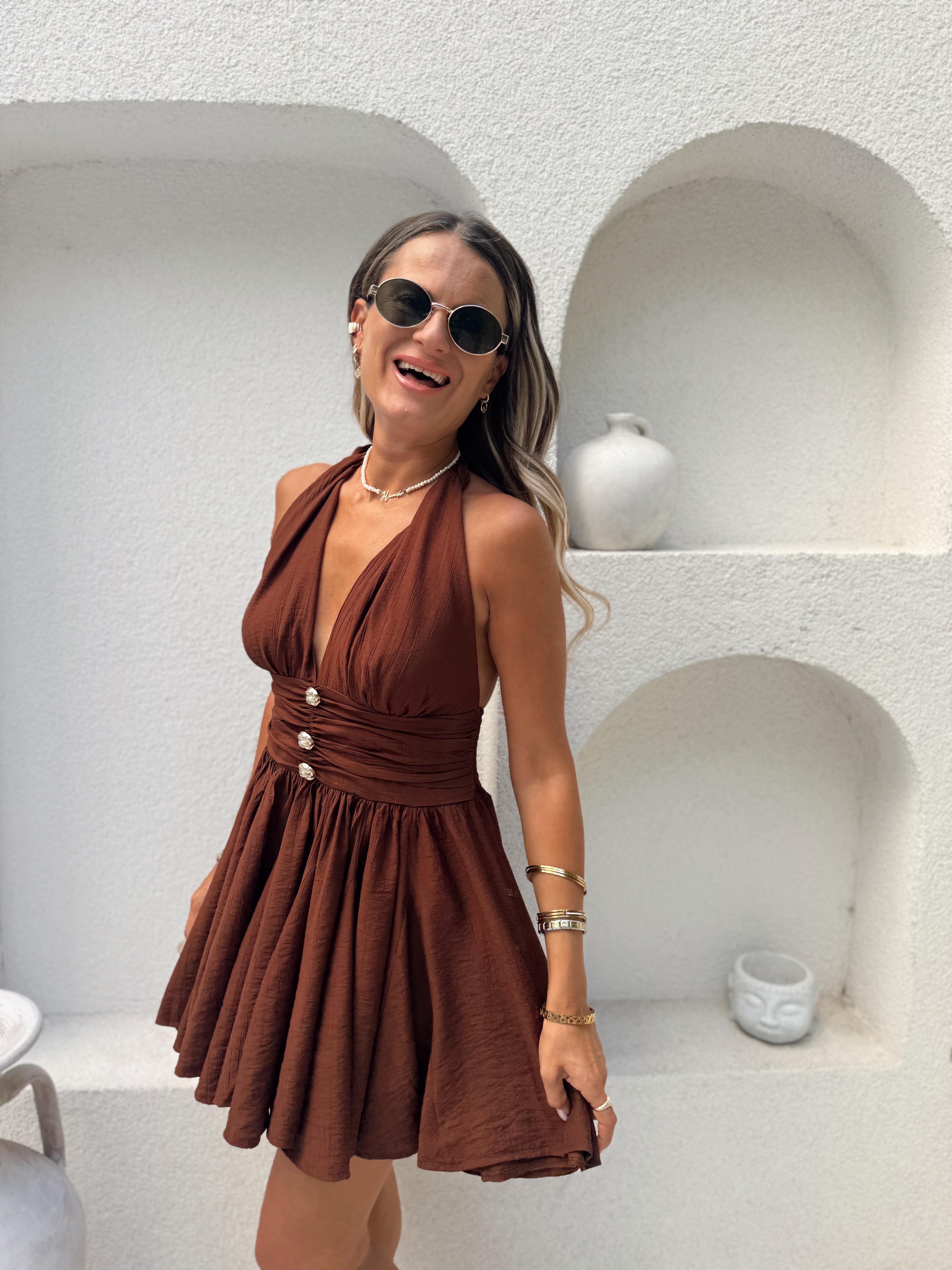 Nişantaşı Butik GOLD DÜĞME DETAY KLOS ELBİSE KAHVERENGİ