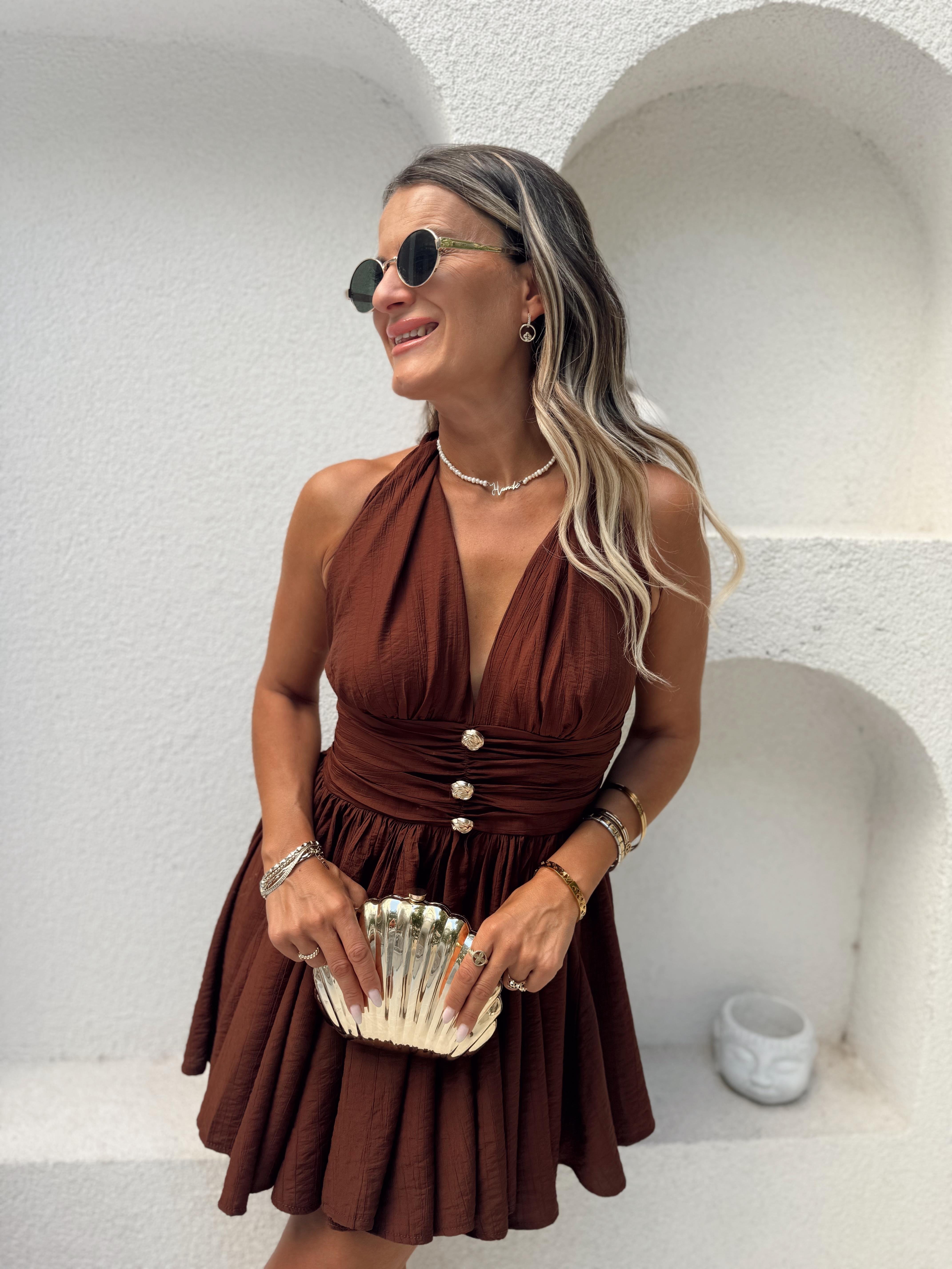 Nişantaşı Butik GOLD DÜĞME DETAY KLOS ELBİSE KAHVERENGİ