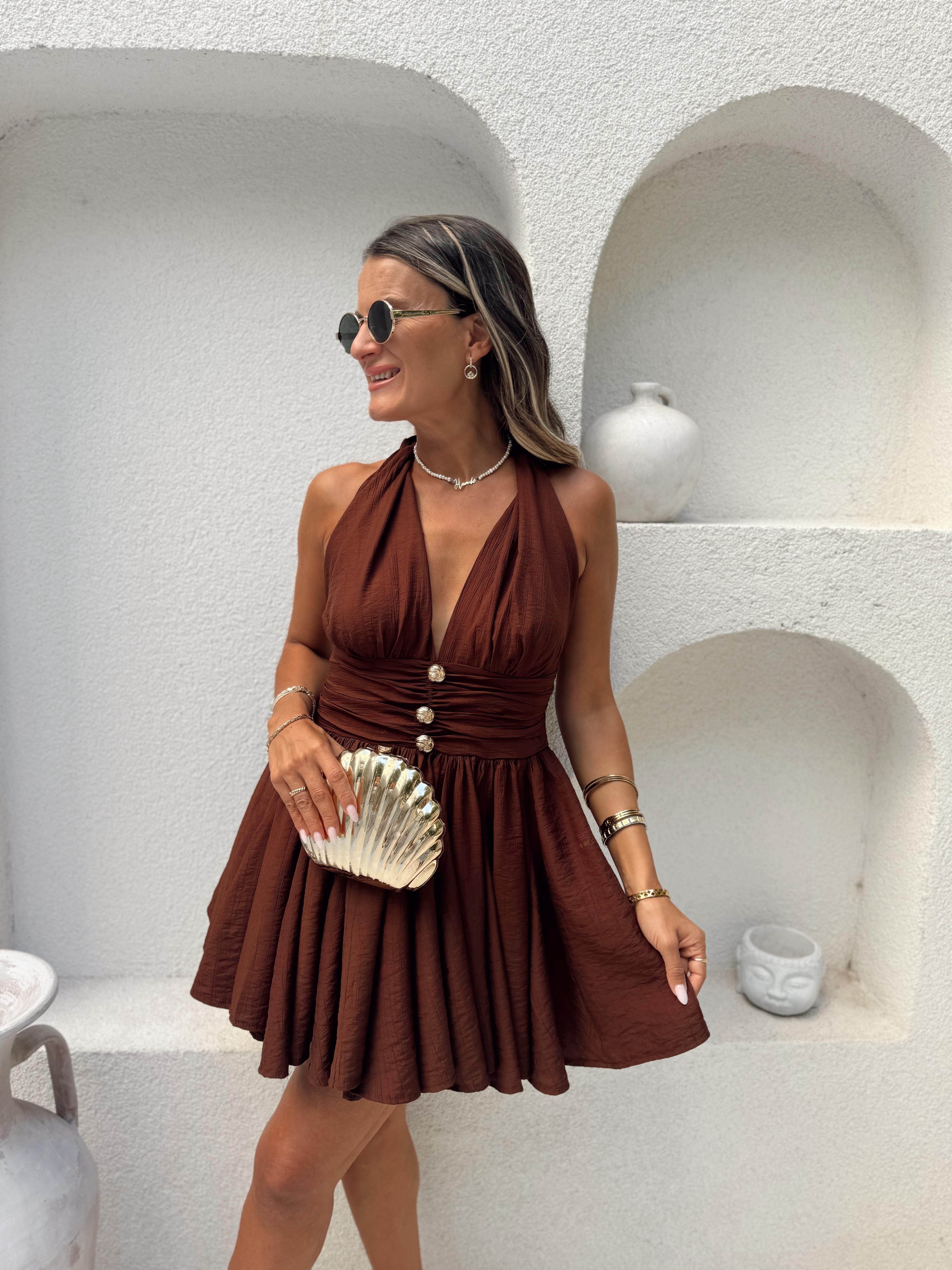 Nişantaşı Butik GOLD DÜĞME DETAY KLOS ELBİSE KAHVERENGİ