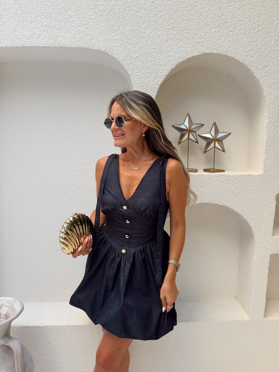 Nişantaşı Butik GOLD DÜĞME DETAY KONTRAST BALON ELBİSE